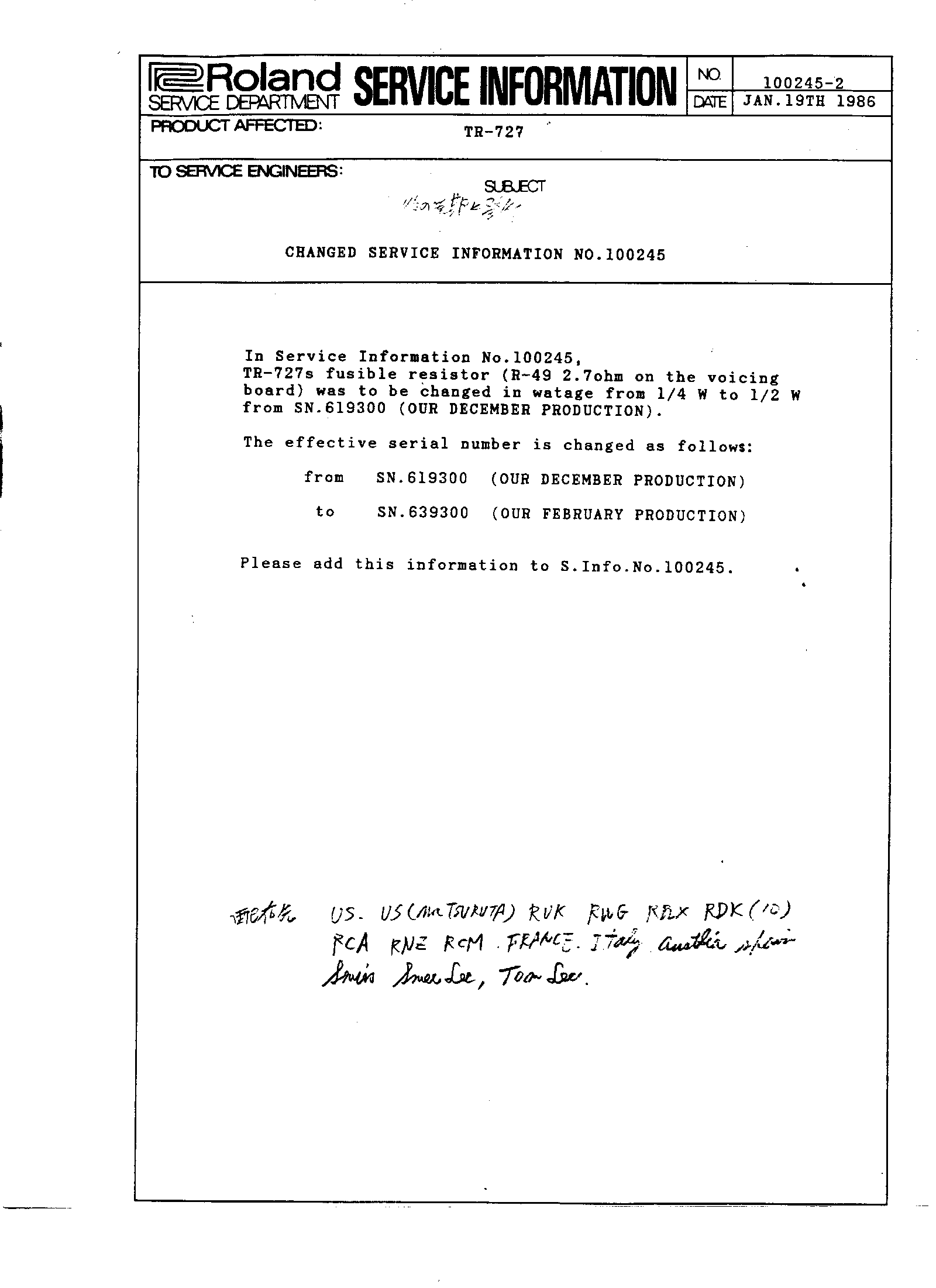 Corrected Roland TR-727 service bulletin for the R49 fusible resistor