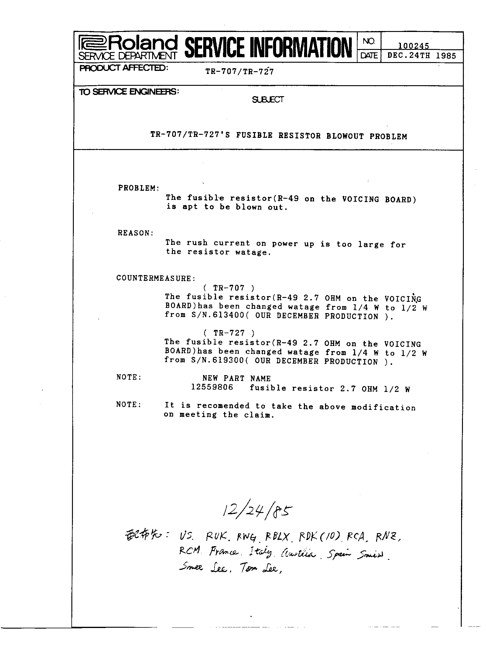 Superseded December 1985 Roland TR-727 service bulletin for the R49 fusible resistor