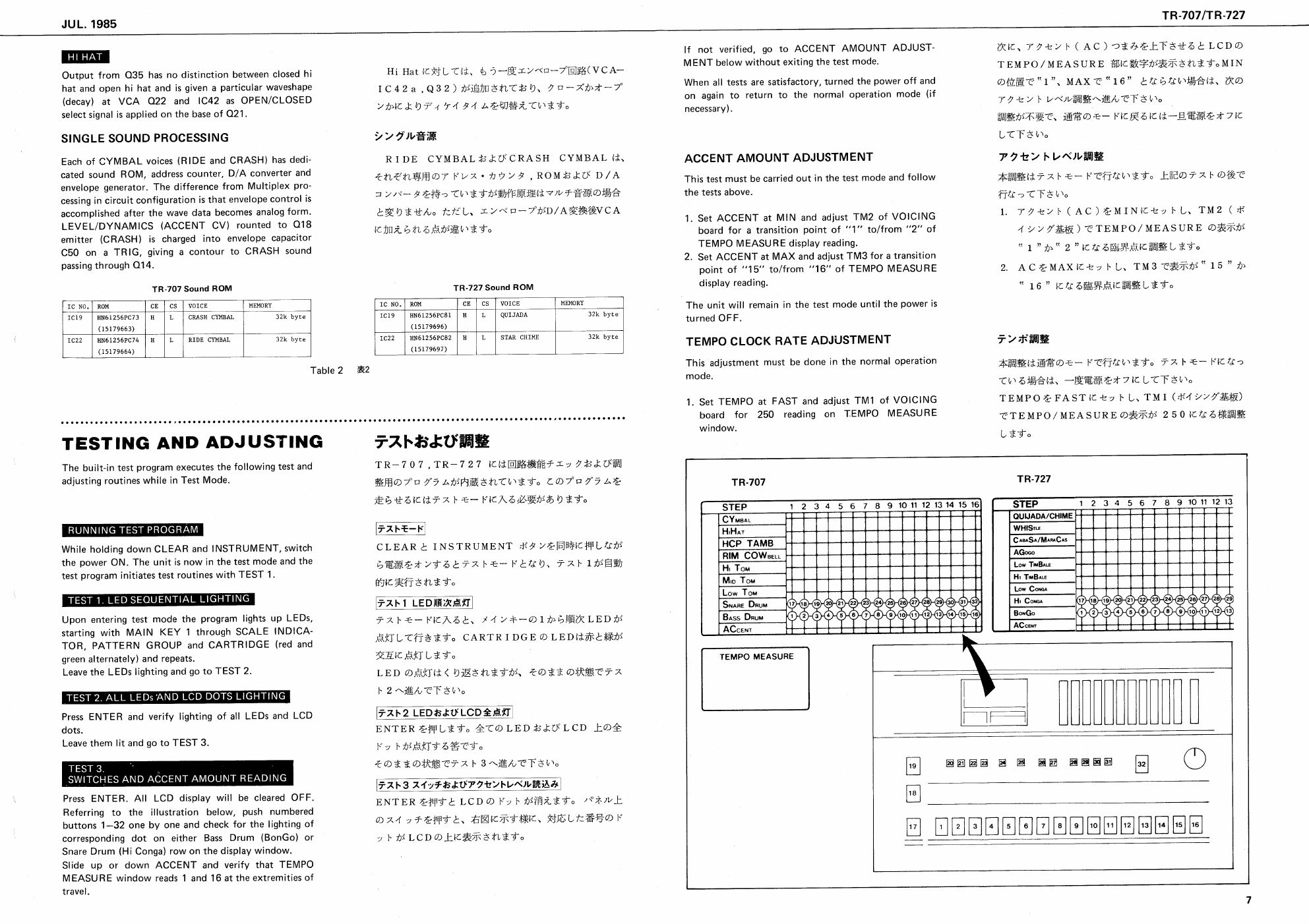 TR-727 service notes showing dedicated Quijada and Star Chime paths and factory test procedures