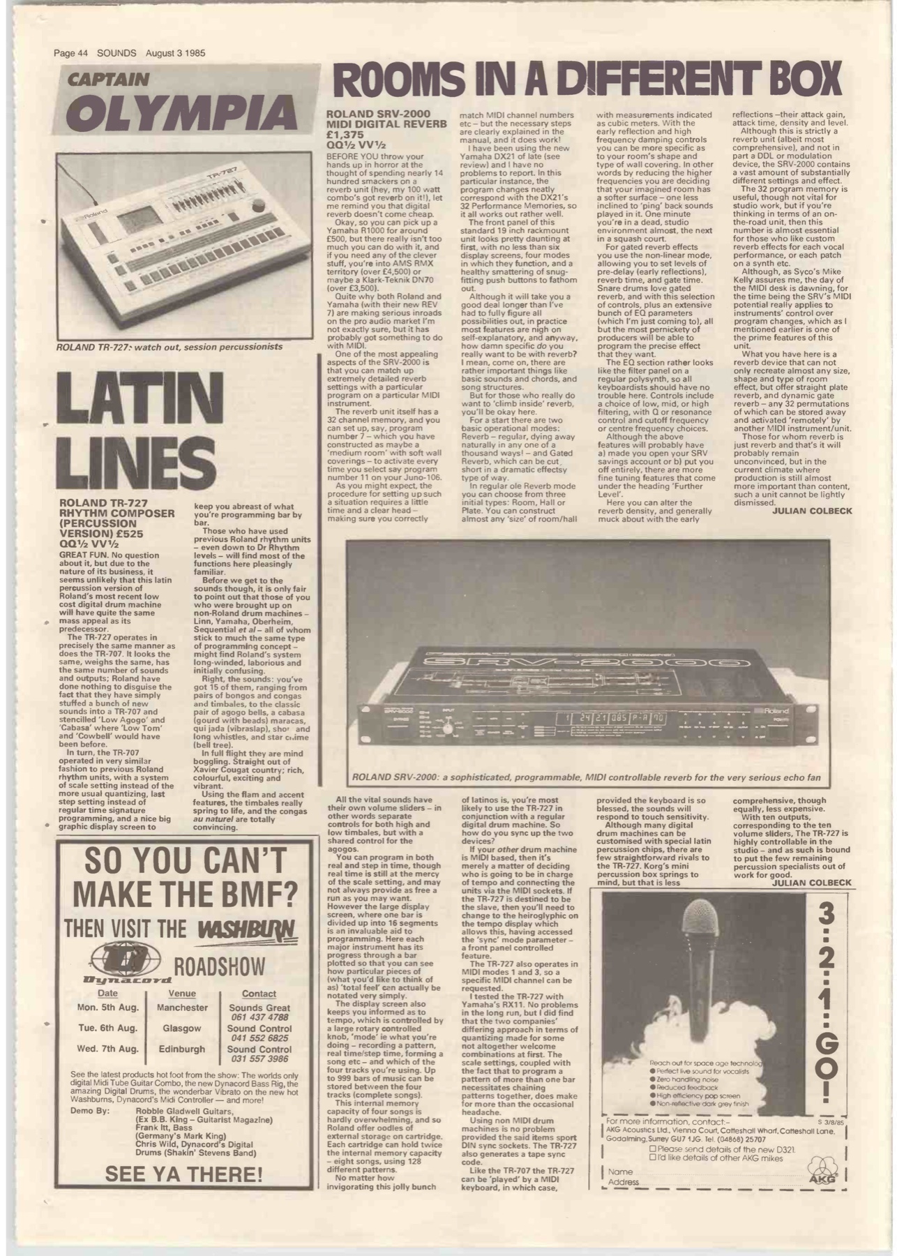Complete Sounds magazine page containing the Latin Lines review and photograph of the Roland TR-727, 3 August 1985