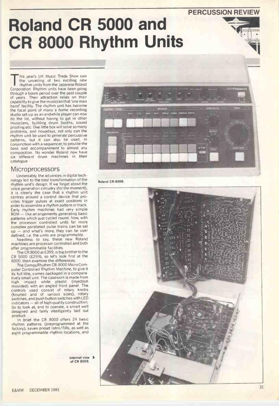 First page of the December 1981 Electronics and Music Maker review showing the CR-8000 and its internal boards