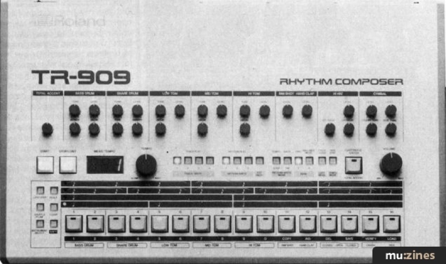 TR-909 pictured in One Two Testing in April 1984