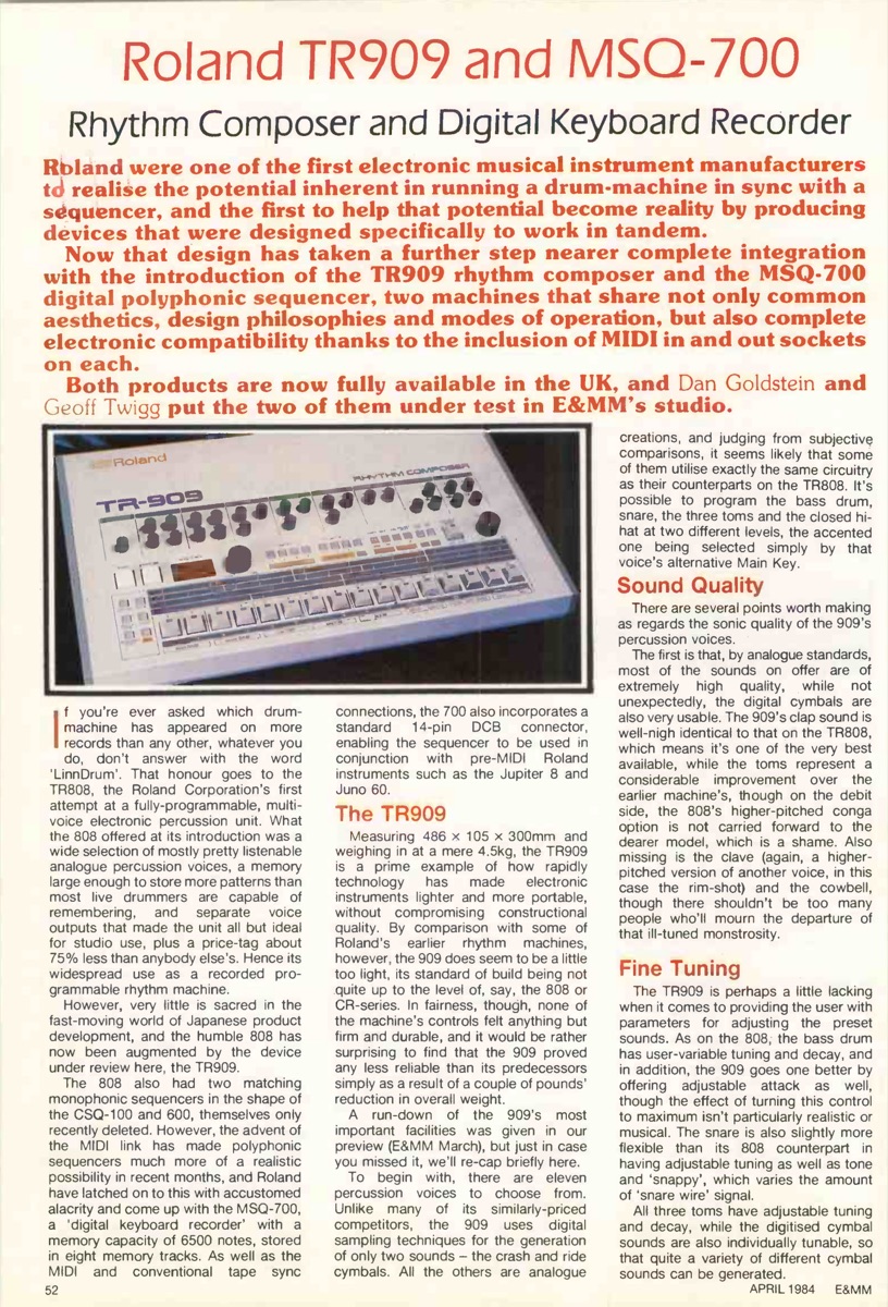 the April 1984 TR-909 and MSQ-700 review