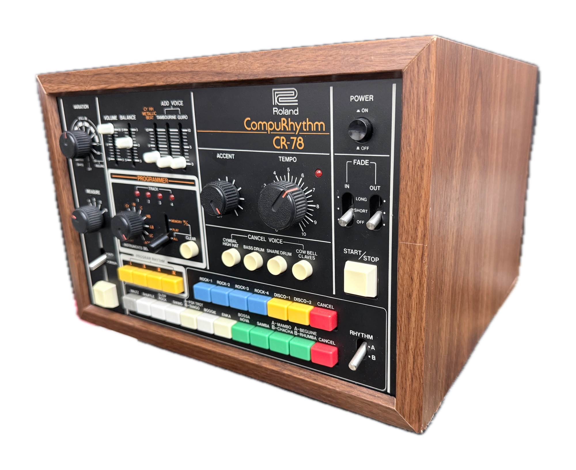 Complete three-quarter view of the Big Beat Collection Roland CompuRhythm CR-78 showing the programmer, rhythm bank and wooden cabinet