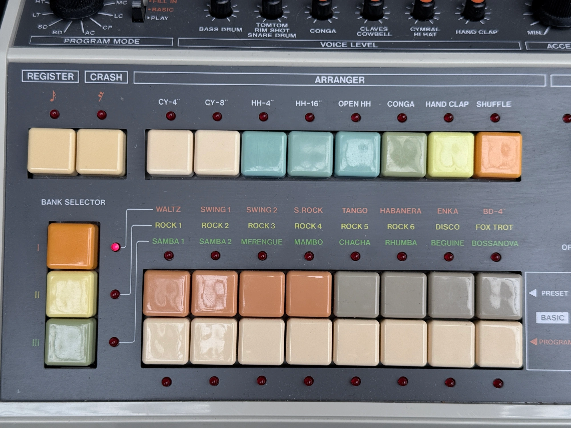 Close view of the CR-8000 Arranger buttons, preset rhythms and pattern controls