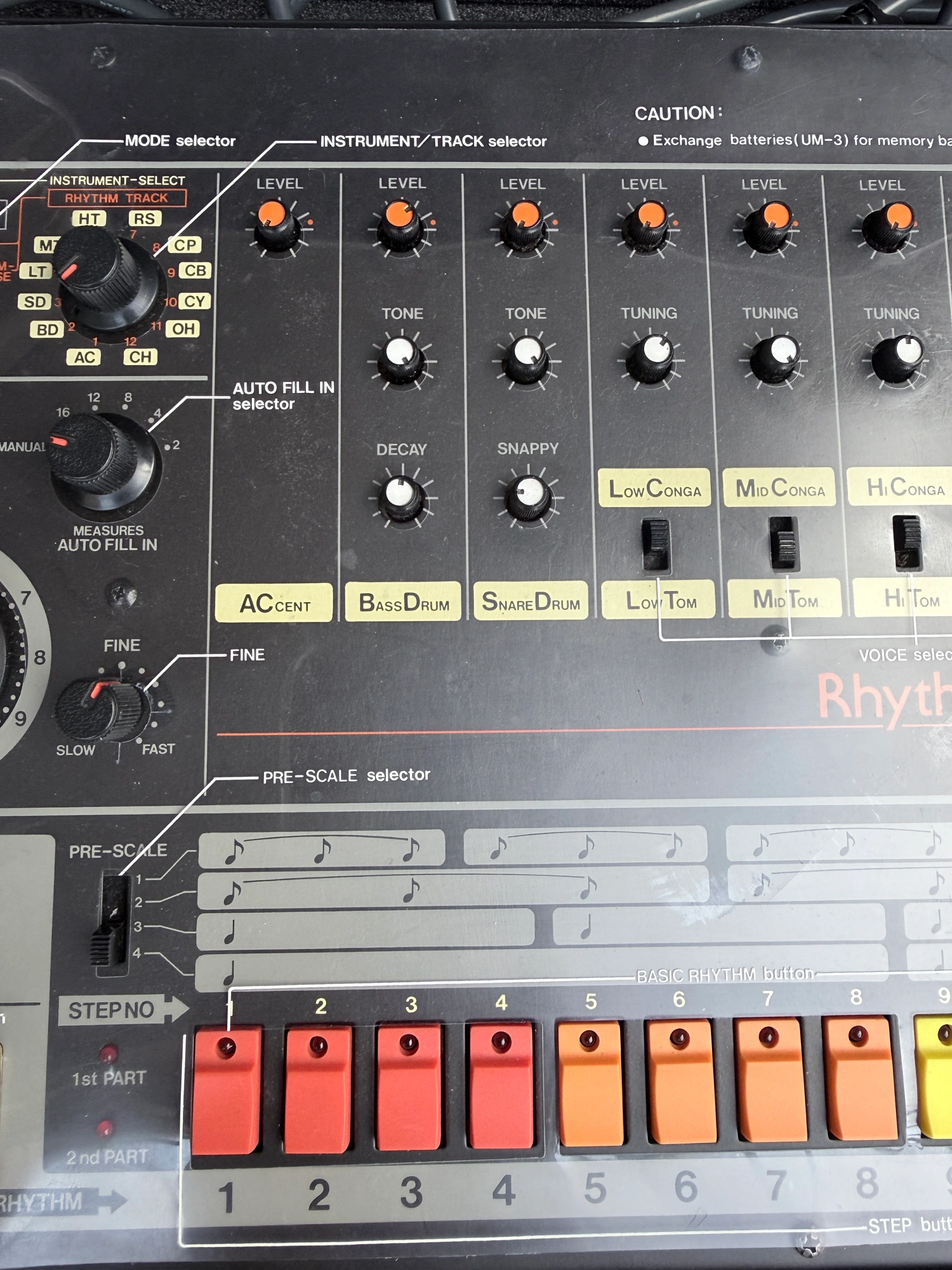 Collection photograph of the Roland TR-808 voice controls and step keys with its instructional overlay