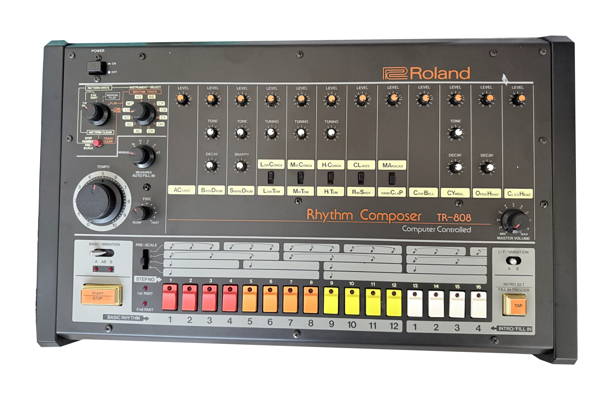 Complete overhead view of the Big Beat Collection Roland TR-808 Rhythm Composer with every control and cabinet edge visible