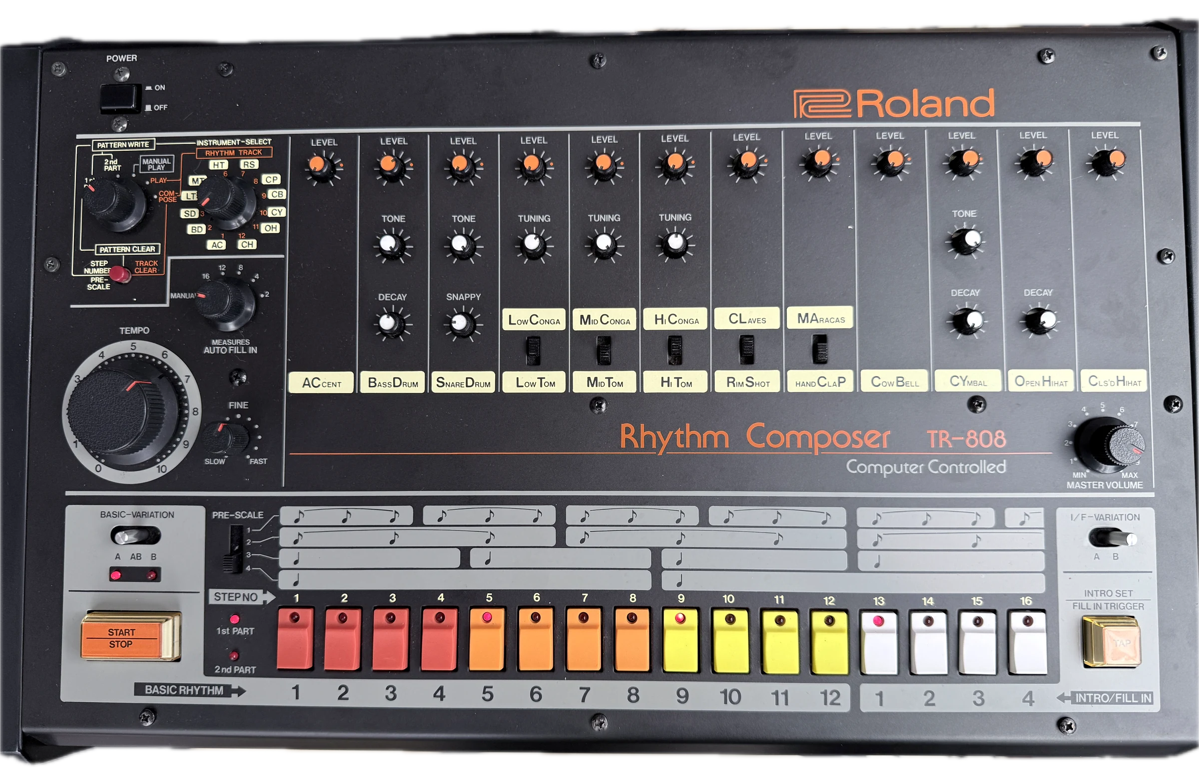 Complete frontal collection photograph of the Roland TR-808 control surface