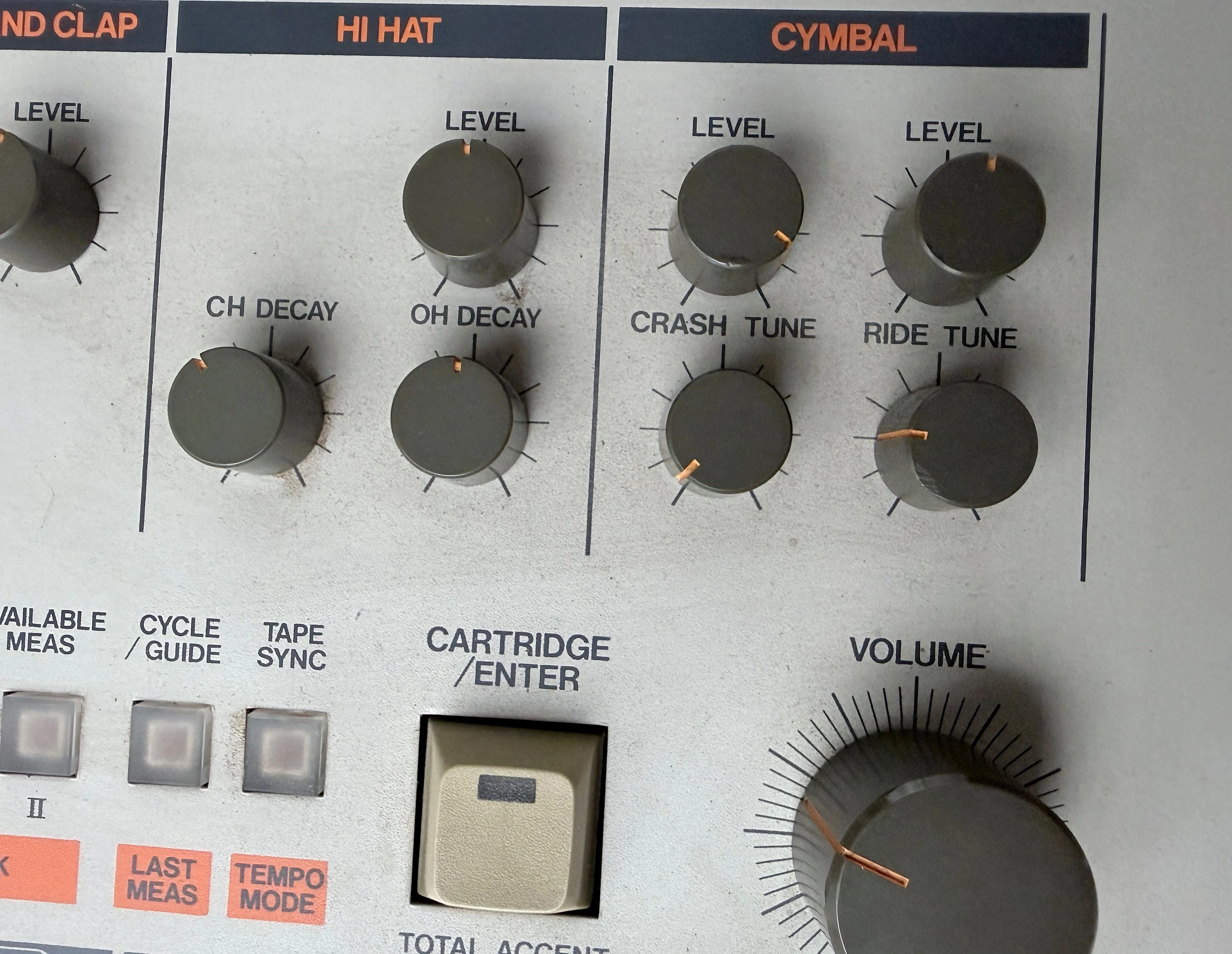 Close owner photograph of the TR-909 hi-hat, crash and ride controls