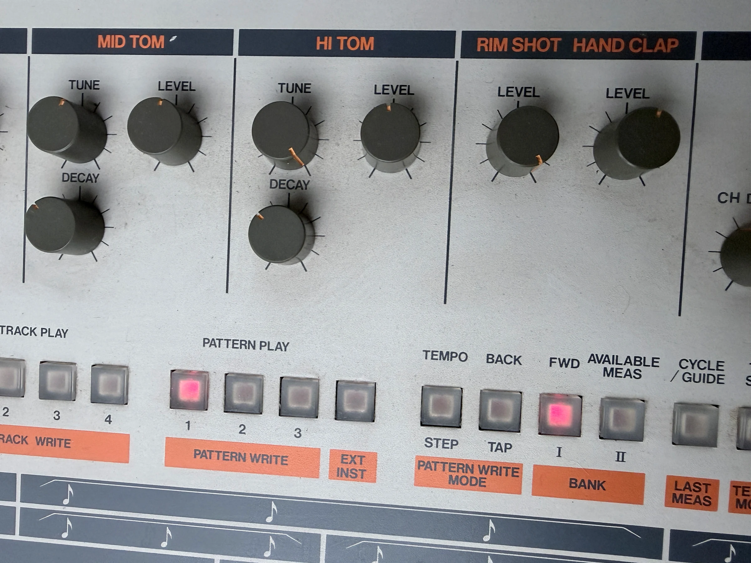 Close owner photograph of the TR-909 pattern controls and voice section