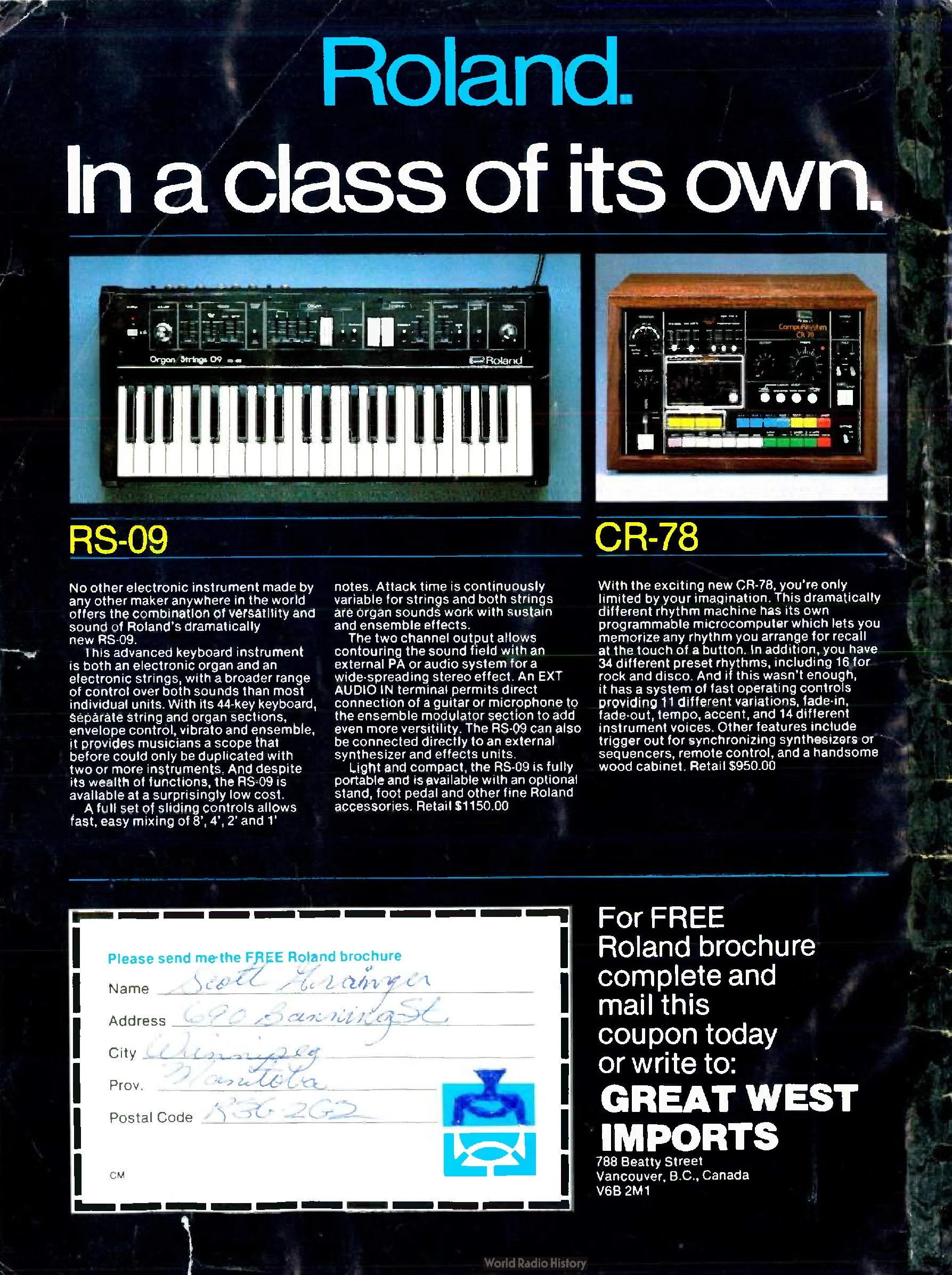 Period Roland advertisement headed In a class of its own and devoted to the CR-78 CompuRhythm