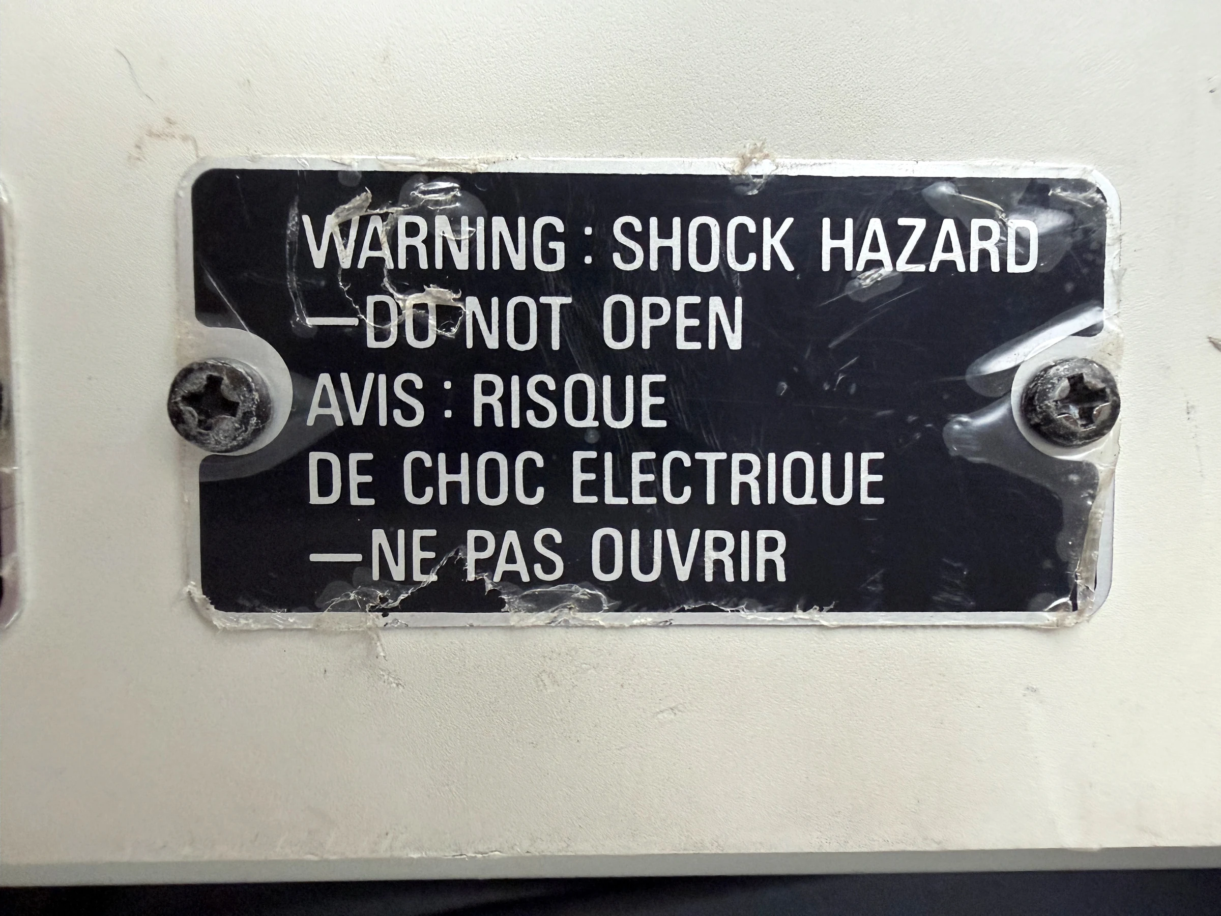 Original electrical shock warning label on the Big Beat collection TR-909
