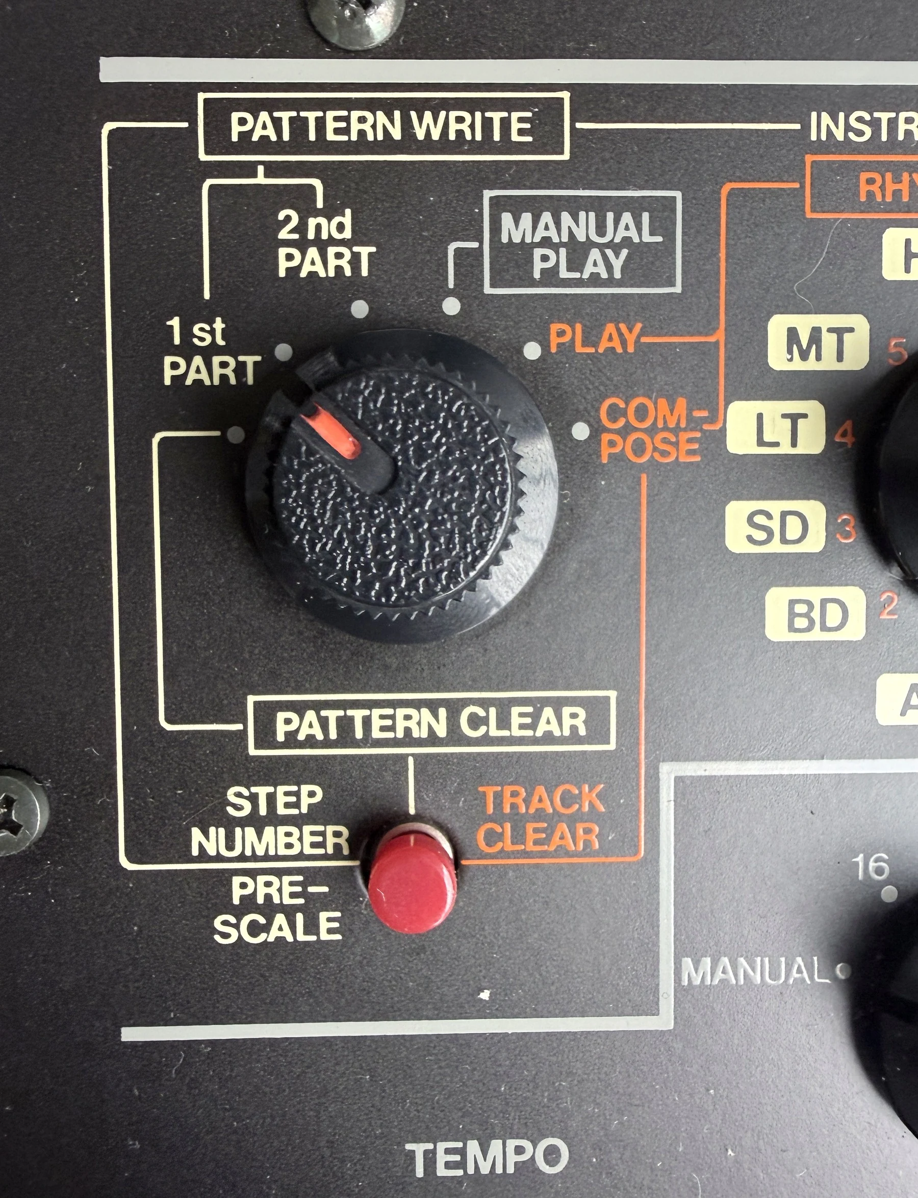 Collection detail of the Roland TR-808 Pattern Write selector and printed programming routes