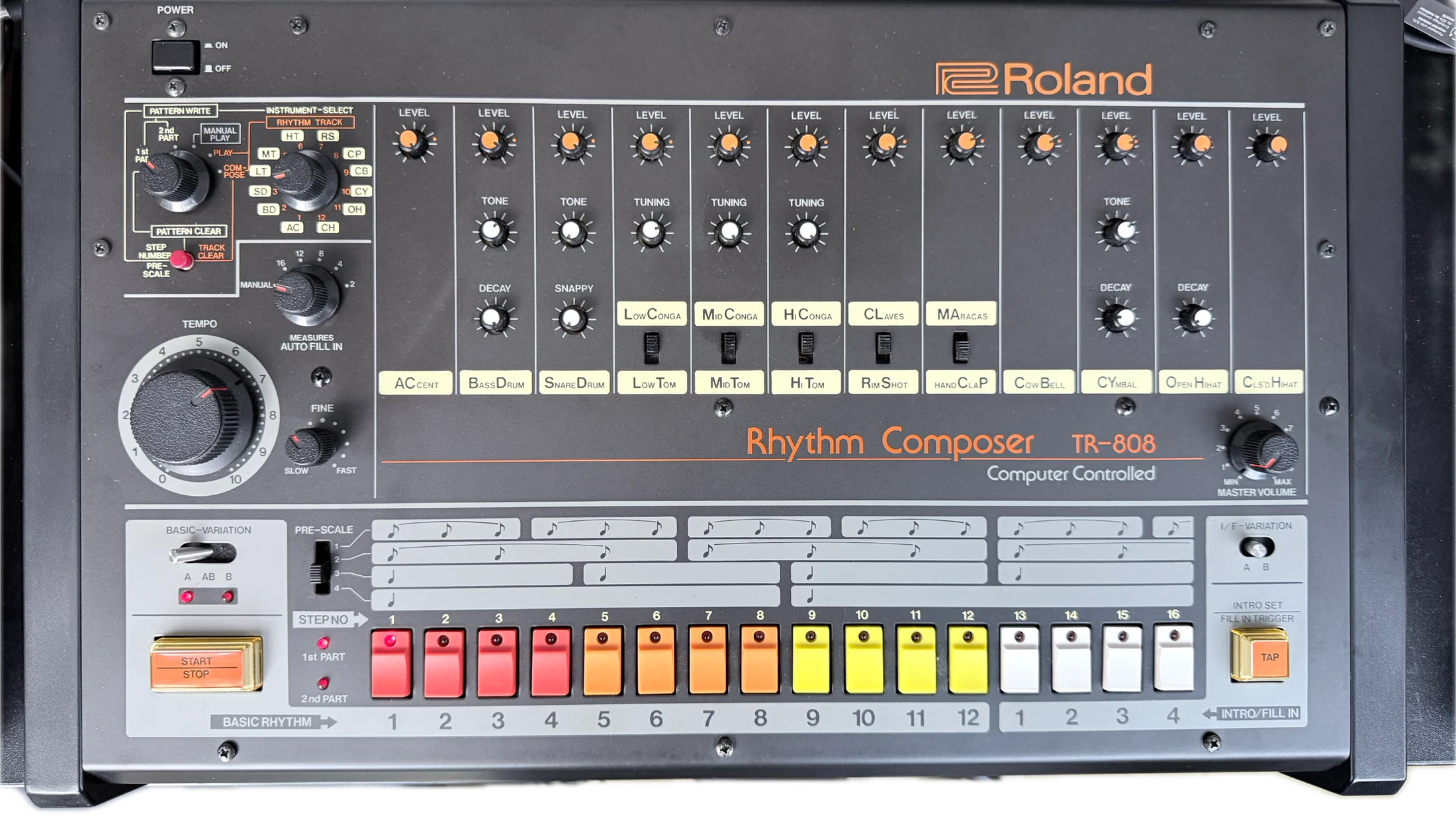 Overhead photograph of all the TR-808 voice lanes, selectors, knobs and sixteen step keys