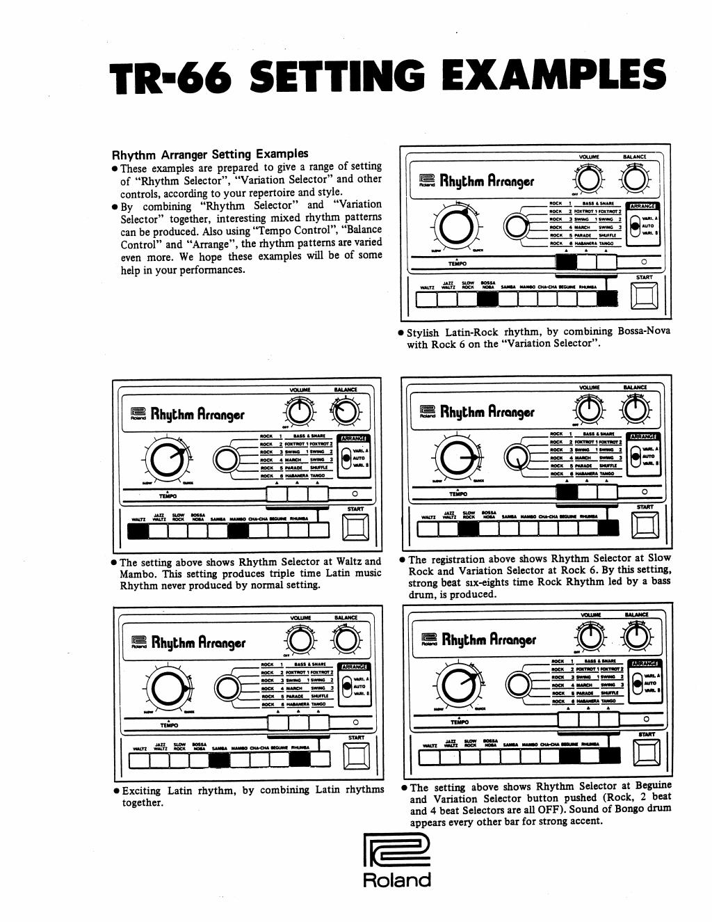 TR-66 owner’s manual page showing recommended combined-rhythm settings