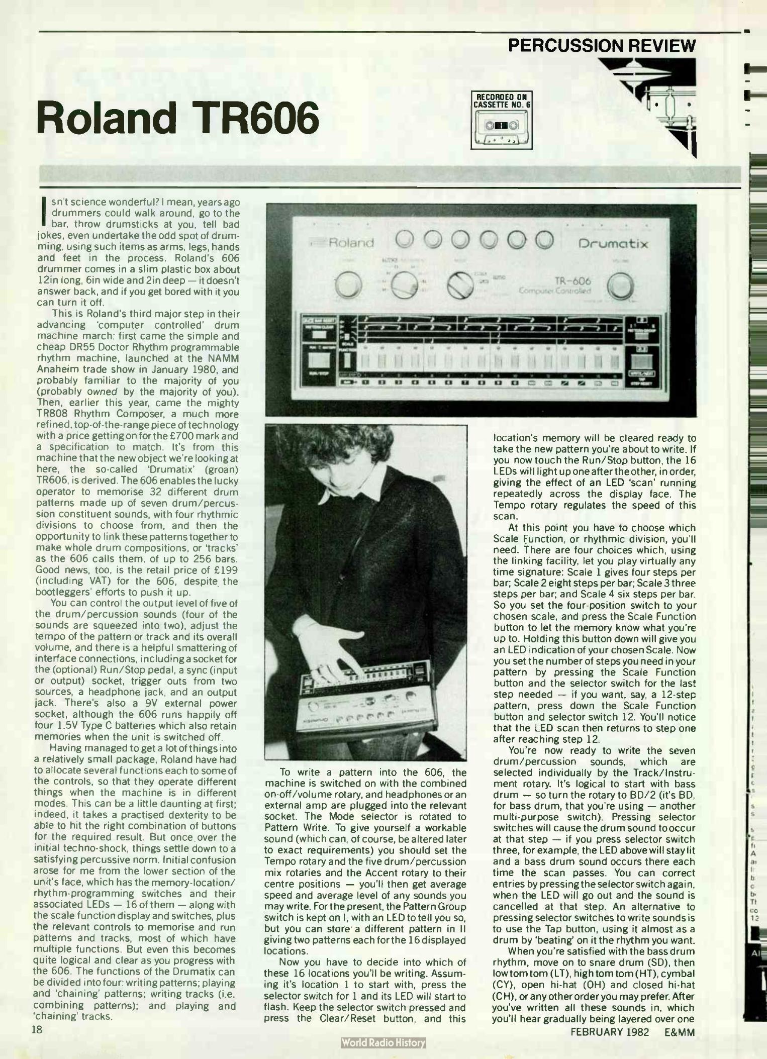 First page of Tony Bacon's February 1982 Roland TR-606 review with a front view and a player holding the machine