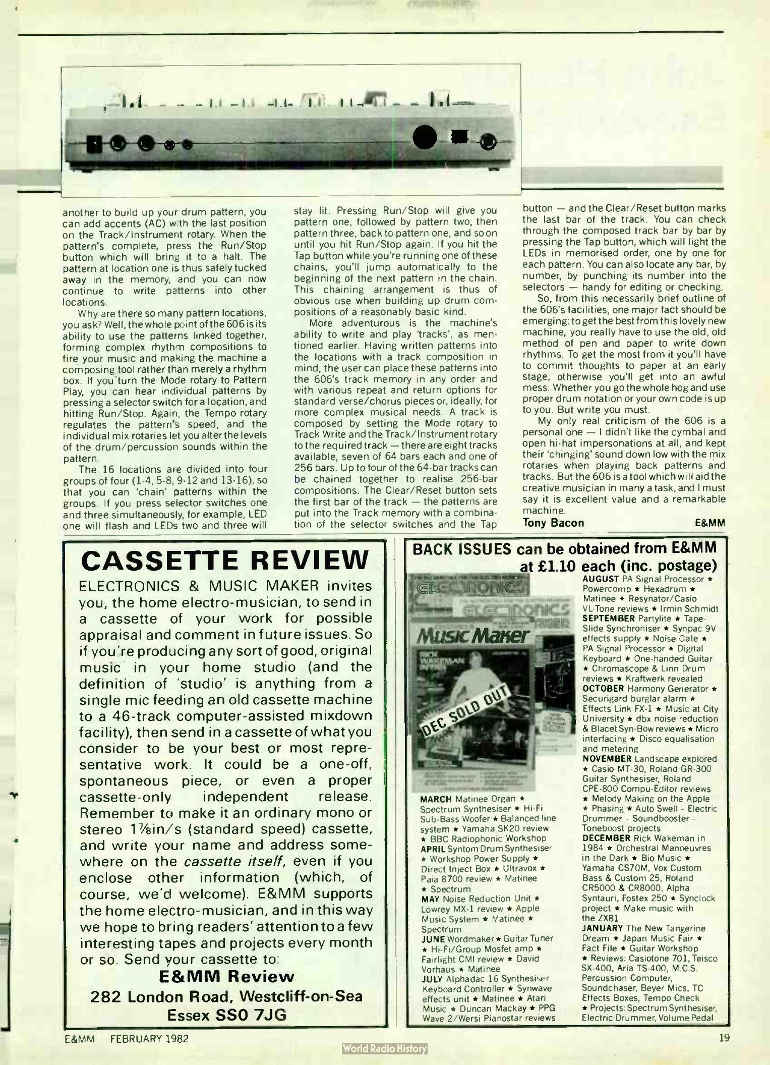 Second page of Tony Bacon's February 1982 TR-606 review