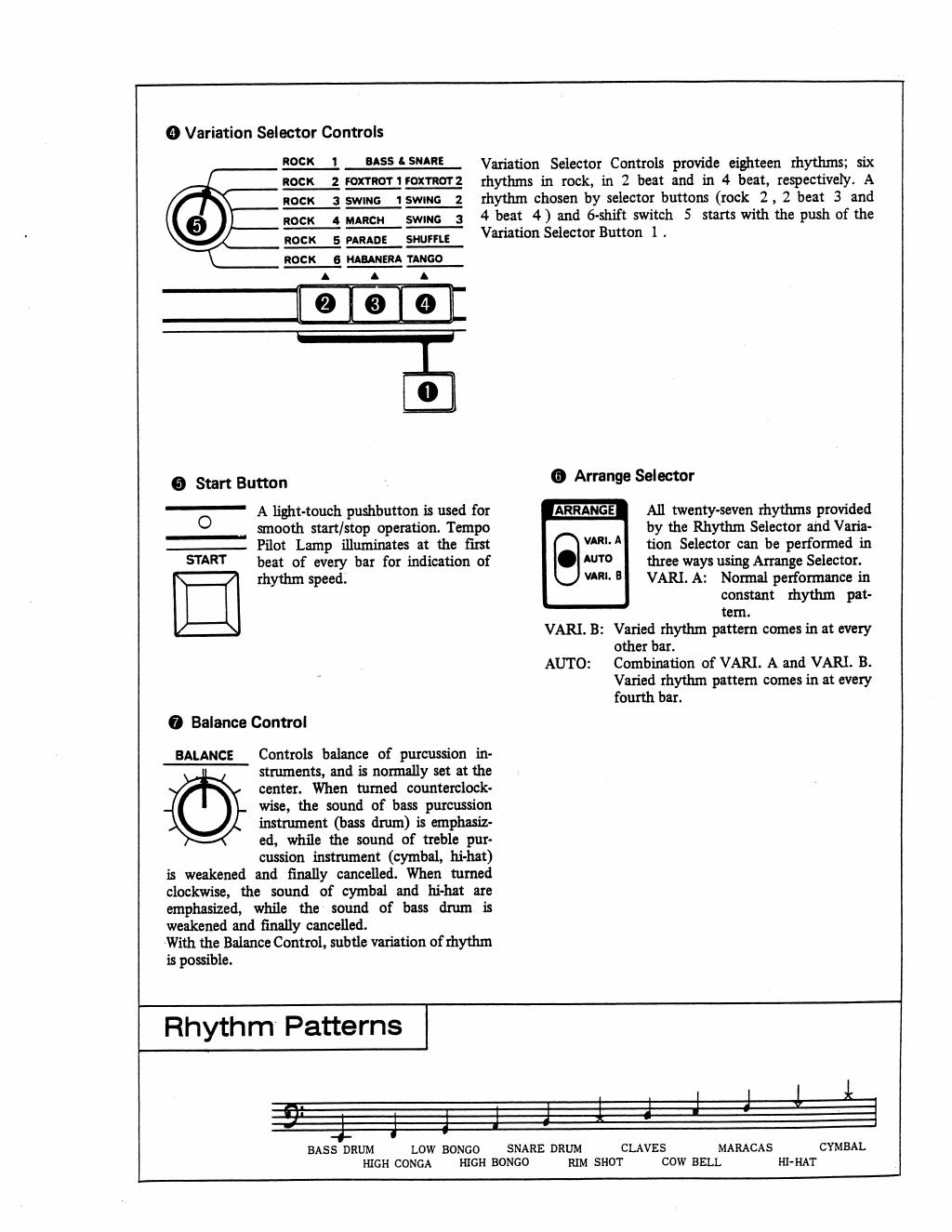 TR-66 owner’s manual page explaining Arrange A, Auto, Arrange B, Balance and combined rhythm buttons