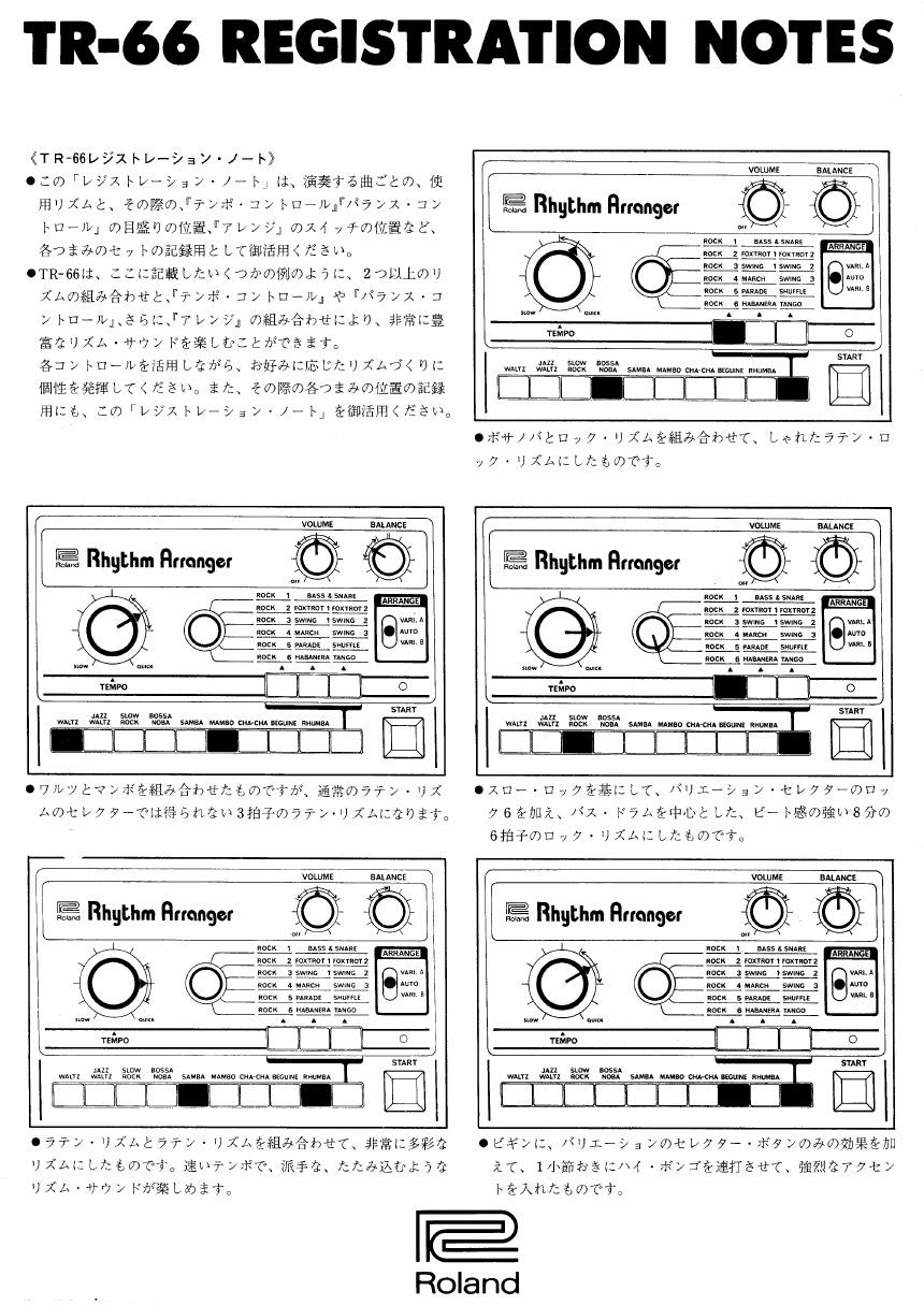 Japanese Roland TR-66 owner’s manual page with worked registration-note settings for individual songs
