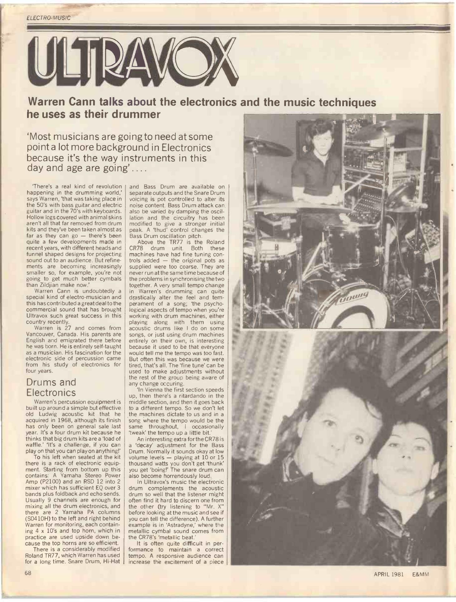 Page 68 of Electronics & Music Maker, April 1981, showing Warren Cann at his drum and electronic percussion system