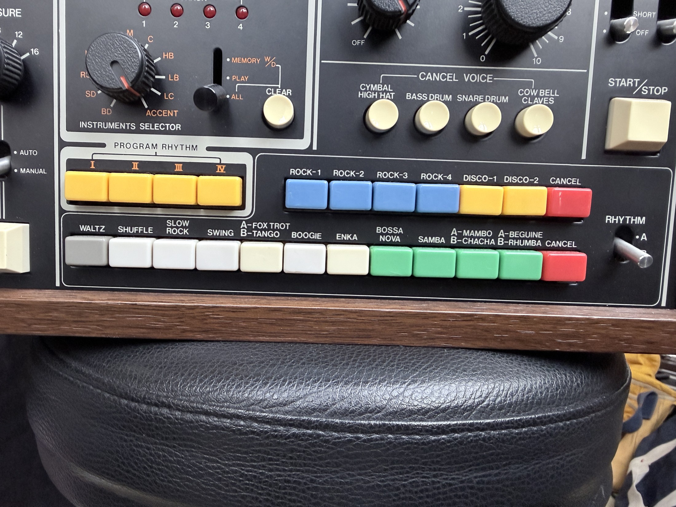 Close view of the CR-78 programmer, voice cancellation and preset rhythm controls