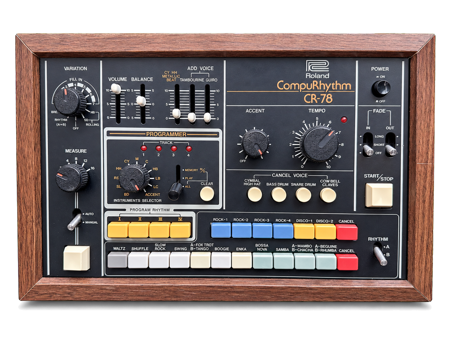 Complete frontal object view of the Big Beat Collection Roland CompuRhythm CR-78 with every cabinet edge visible