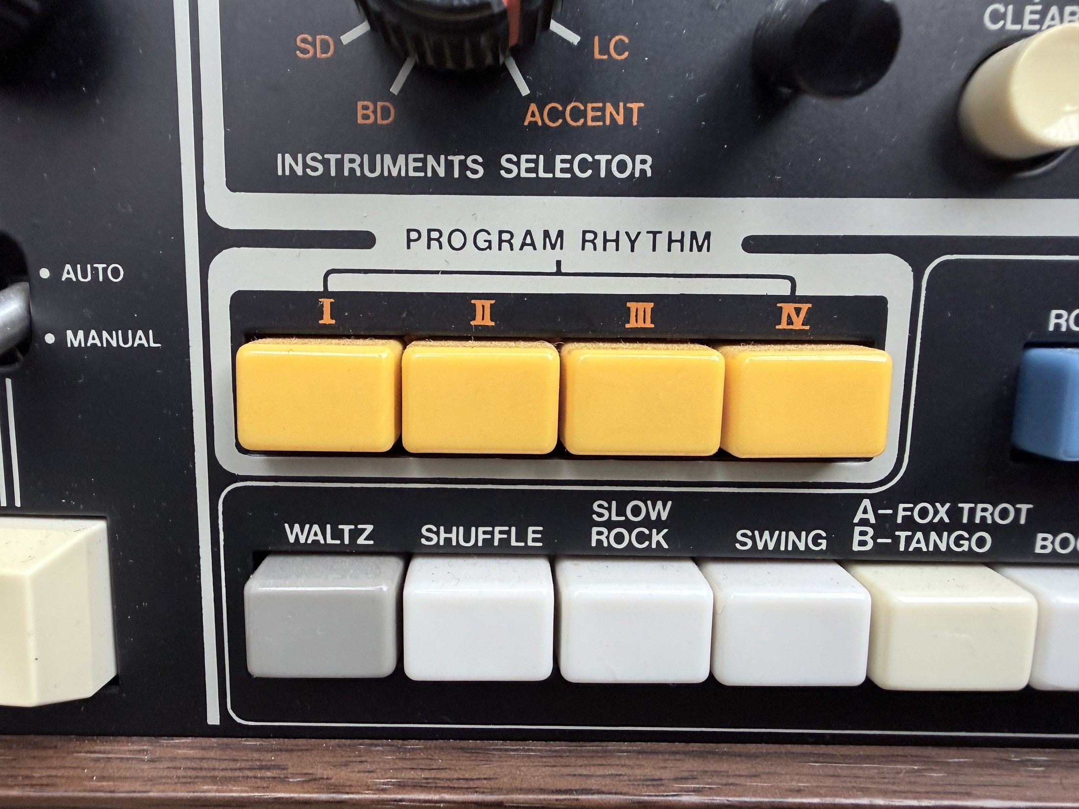 Close view of the four yellow user-programme memory keys on the Big Beat Collection CR-78