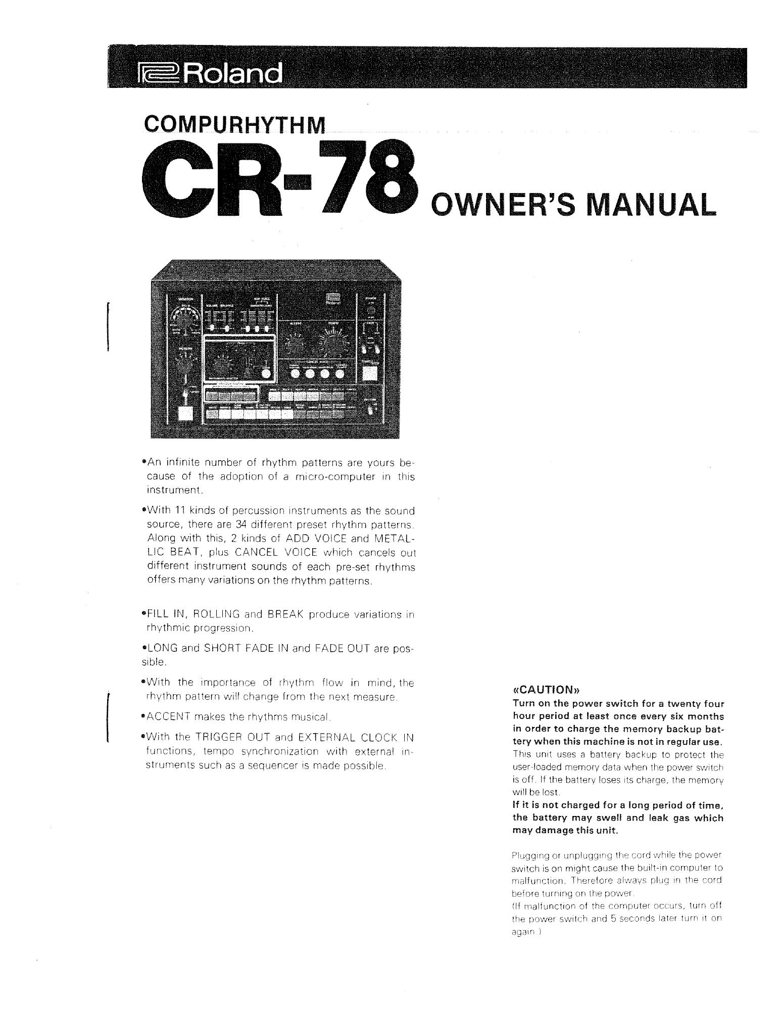 Cover of the original Roland CompuRhythm CR-78 owner's manual