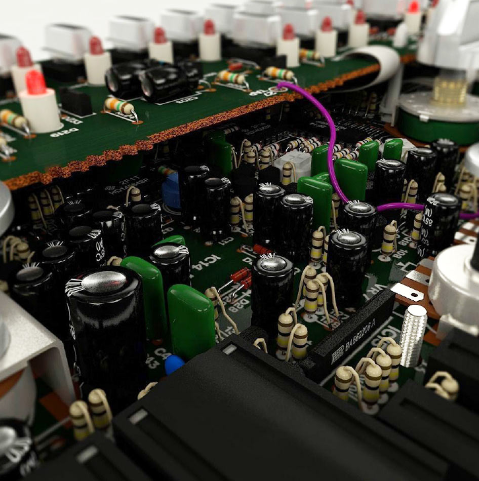 Close view inside an original Roland TB-303 showing its stacked boards and analogue components