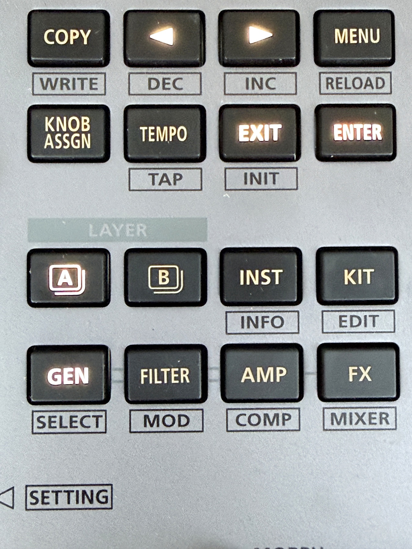 TR-1000 buttons for instrument, kit, generator, filter, amplifier and effects layers