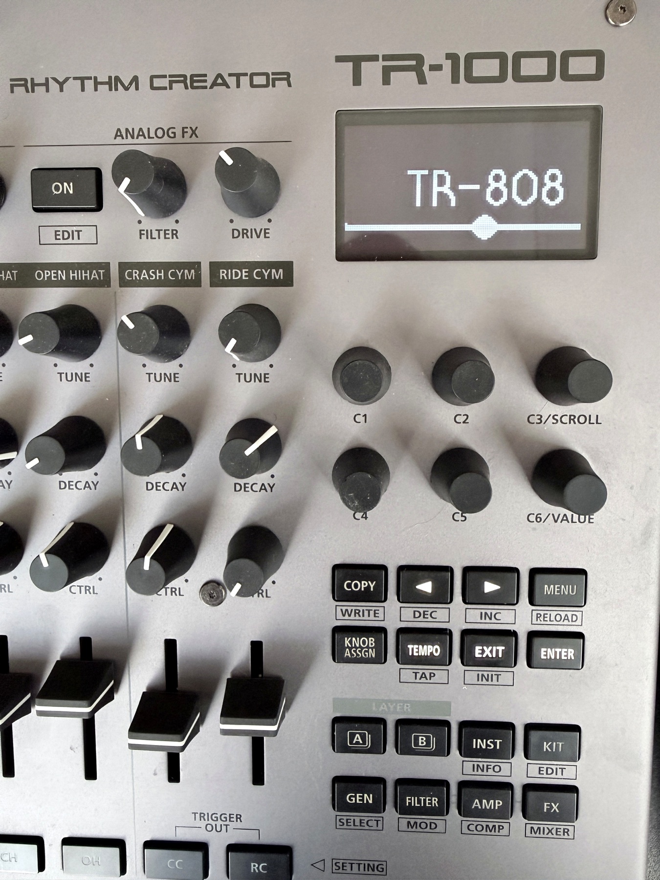 Big Beat collection Roland TR-1000 with its TR-808 engine selected on the display