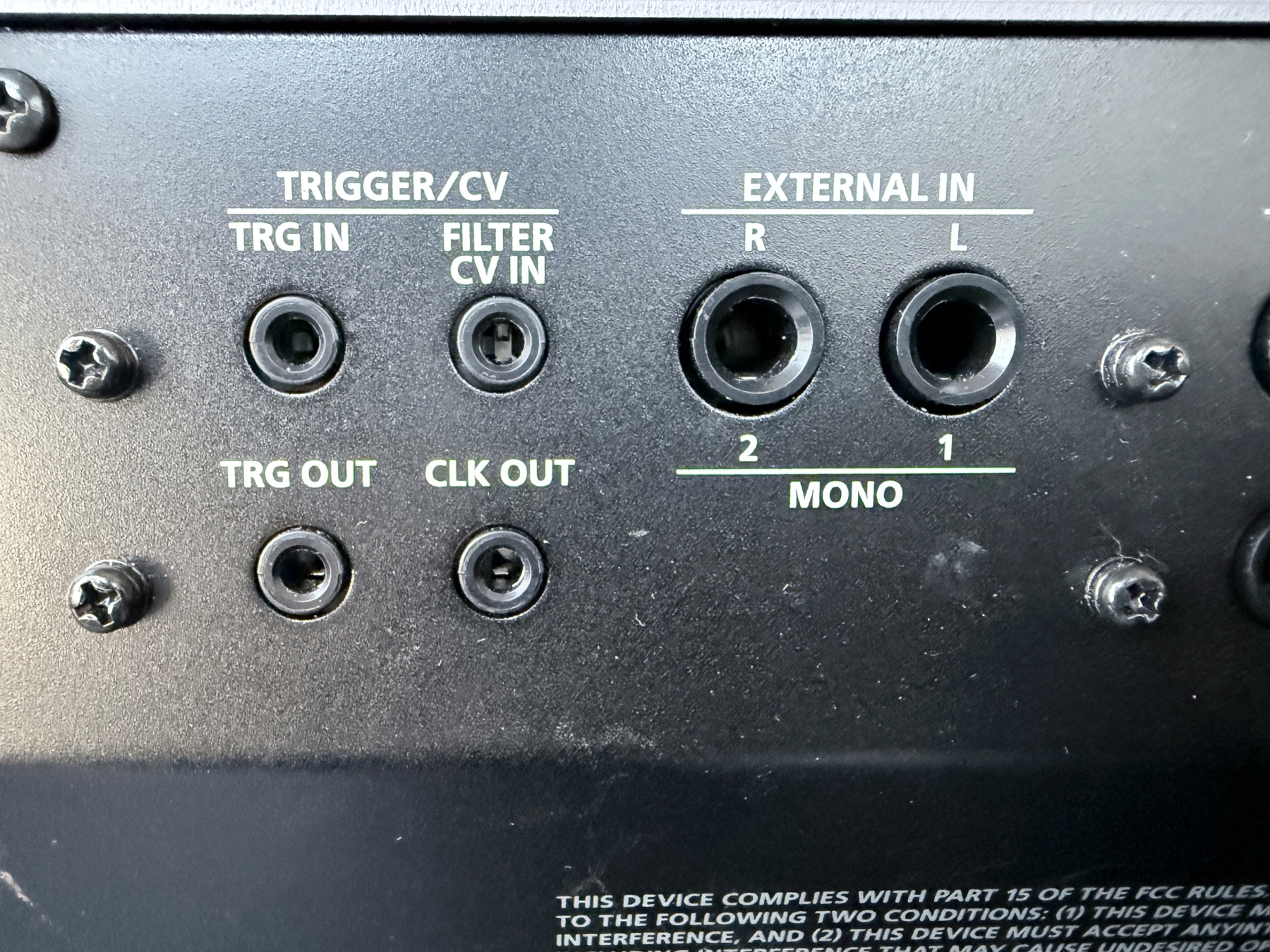 TR-1000 trigger, clock, filter CV and external input connections