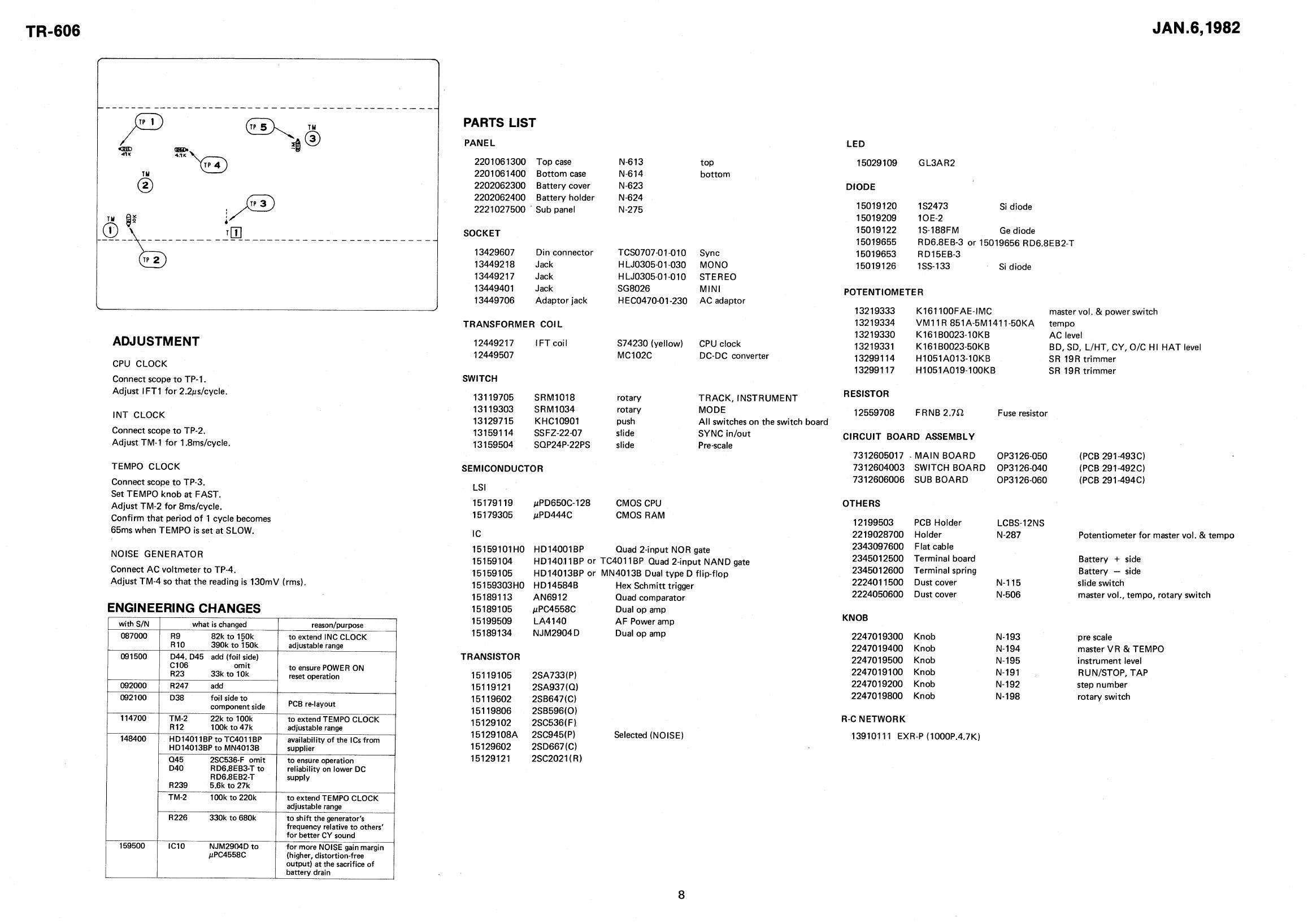 TR-606 service adjustment, component and engineering-change page