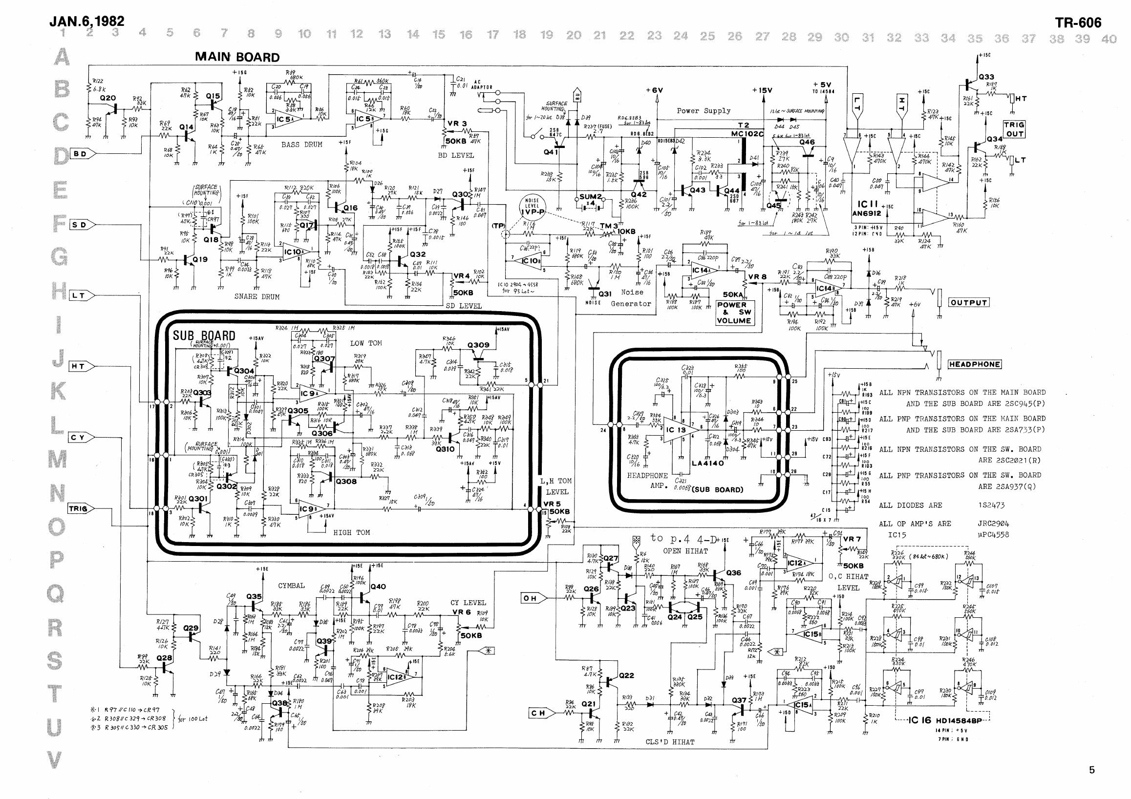 TR-606 analogue voice circuits from the service notes