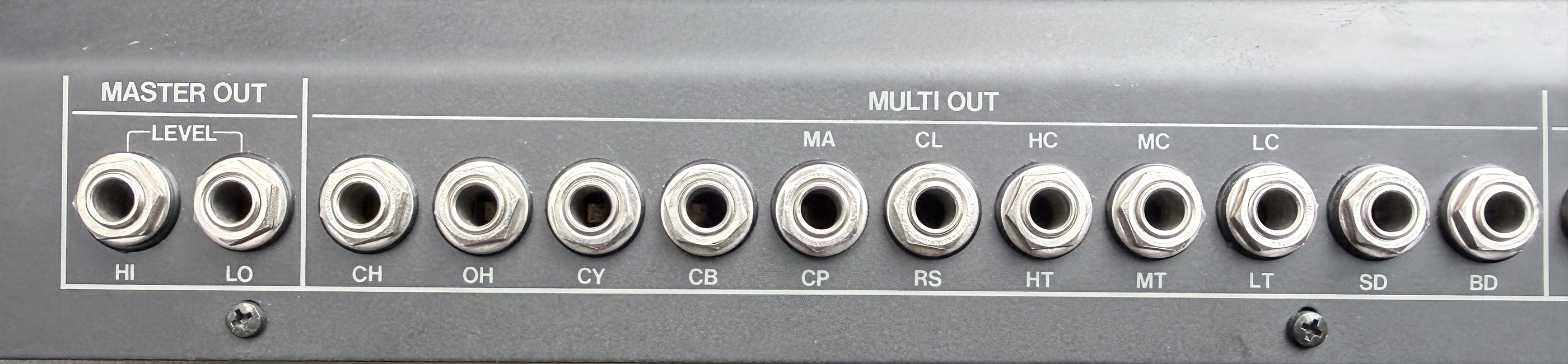 Isolated rear-panel strip of the Big Beat collection Roland TR-808 showing master and individual audio outputs