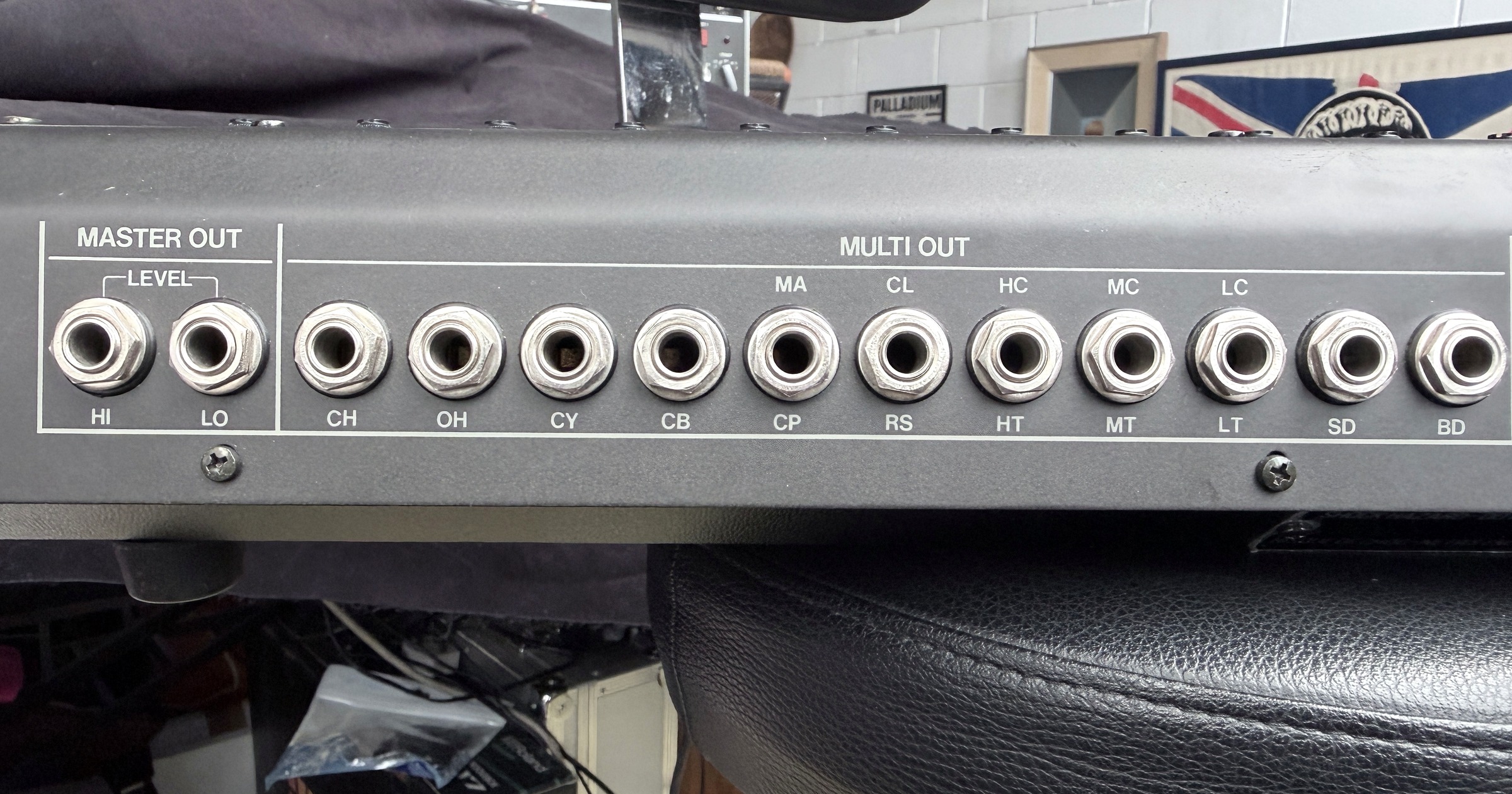 The TR-808's labelled rear instrument outputs and Master High and Low outputs