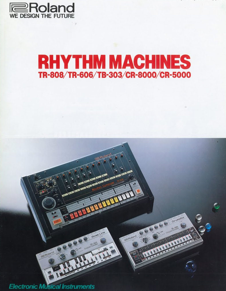 Roland Rhythm Machines catalogue cover showing the TR-808 among the company's rhythm instruments