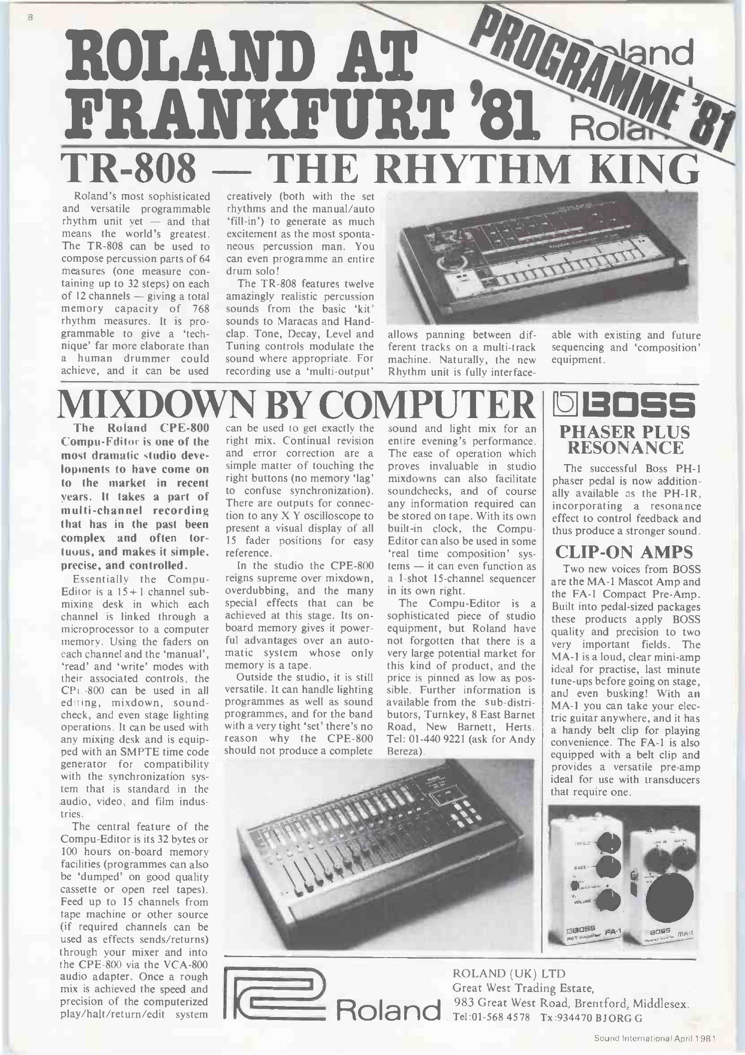 Complete 1981 print page headed Roland at Frankfurt '81 and TR-808 The Rhythm King