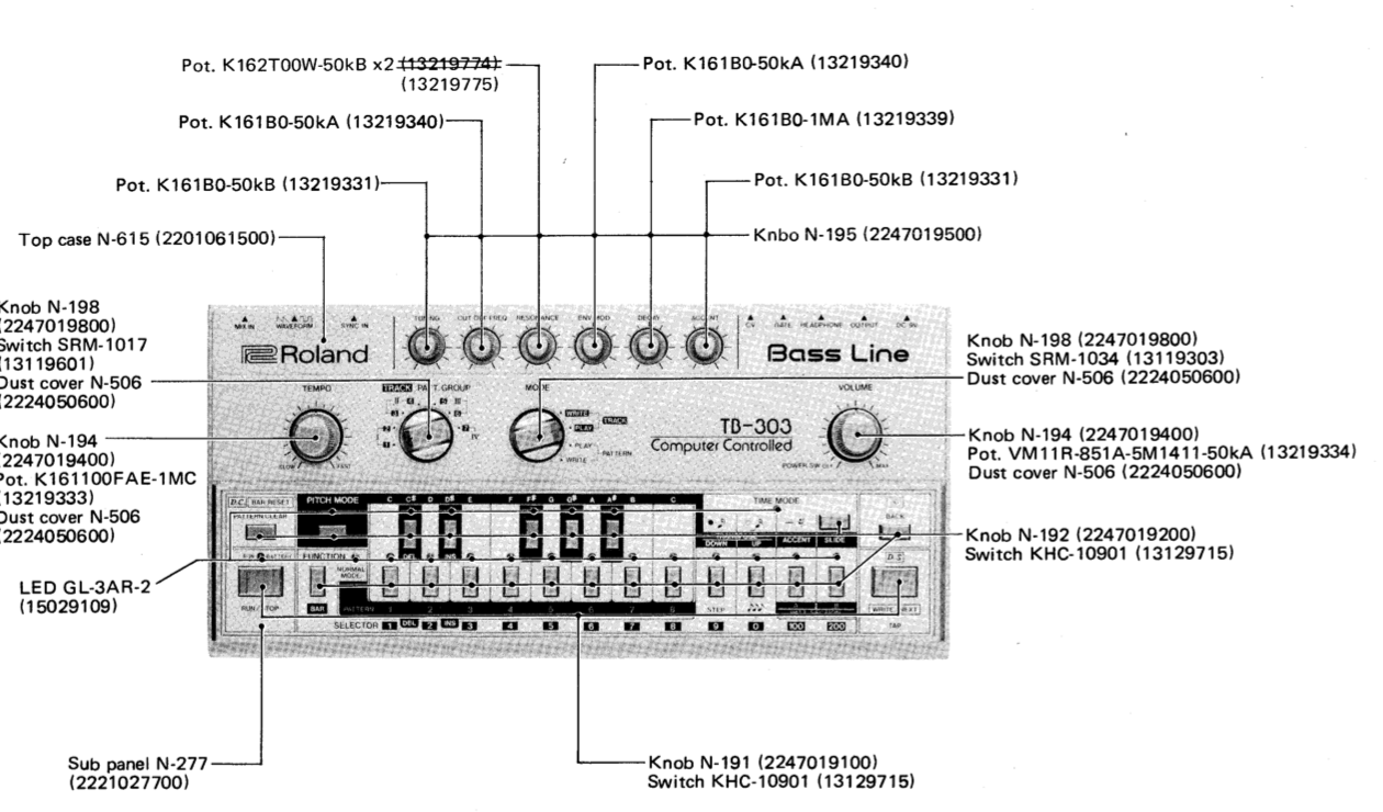 TB-303 Service Notes parts-location drawing identifying the original controls and case components