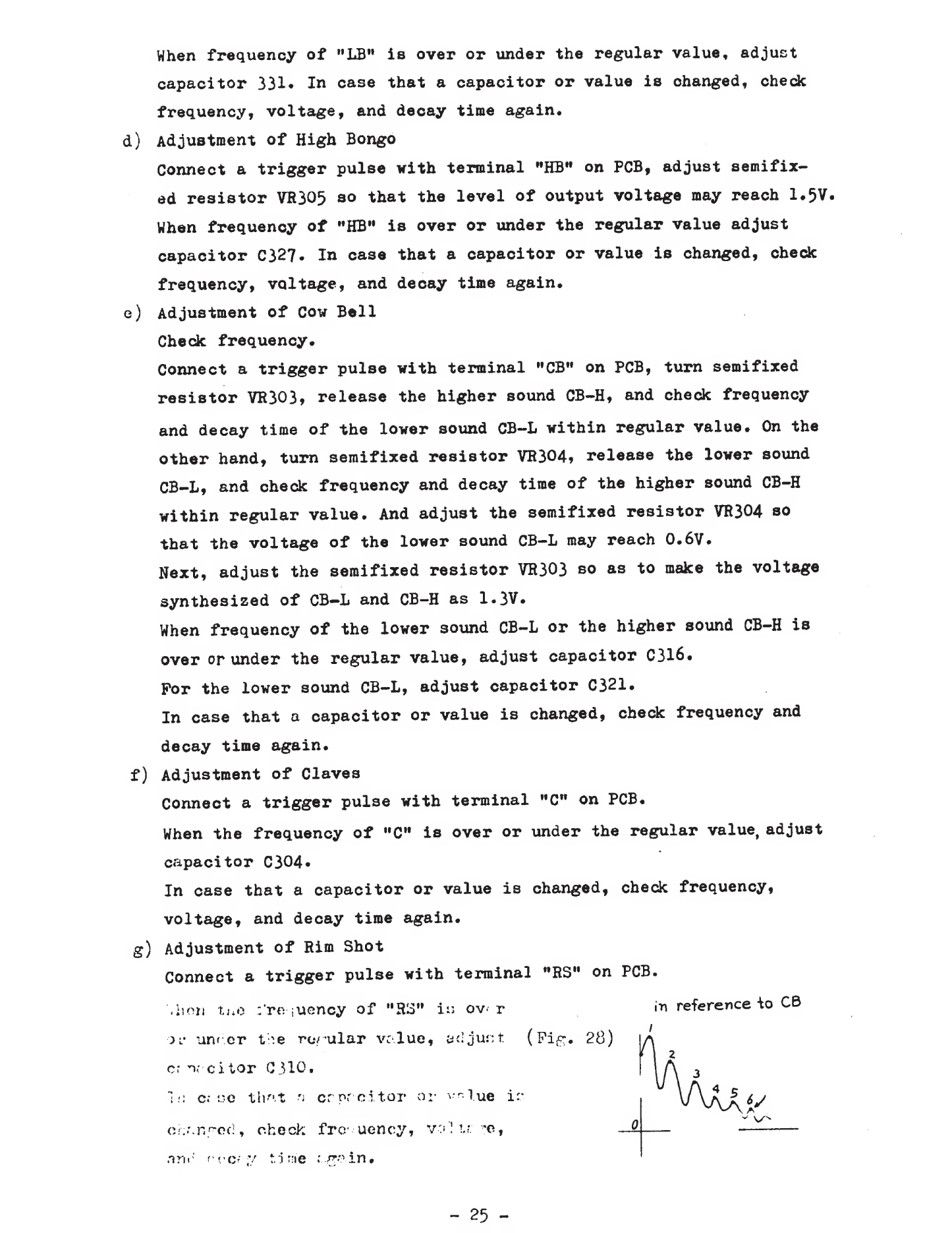 TR-77 service-note instructions for calibrating bongo, cowbell, claves and rim-shot voices