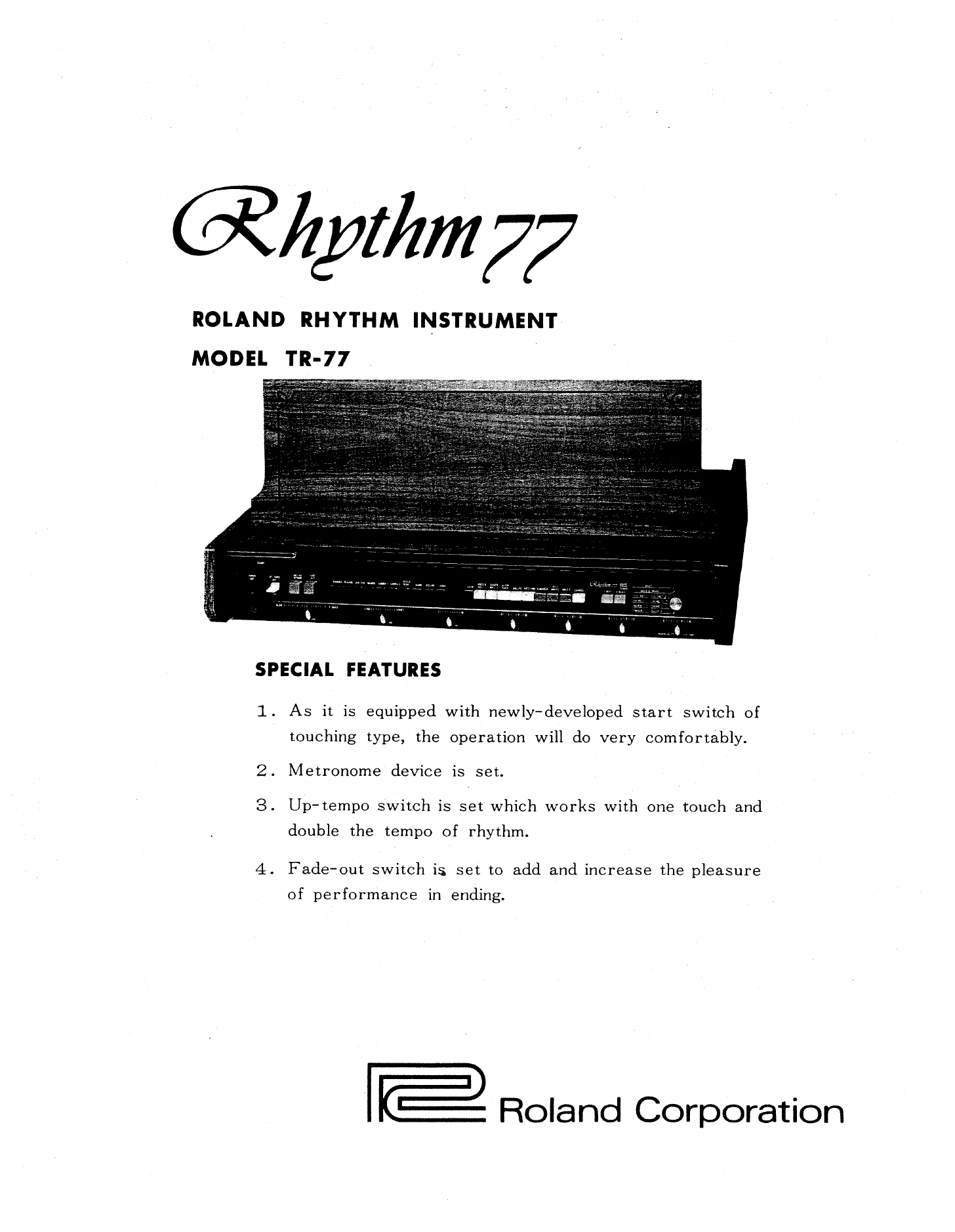 Cover of the Roland Rhythm 77 TR-77 operation manual