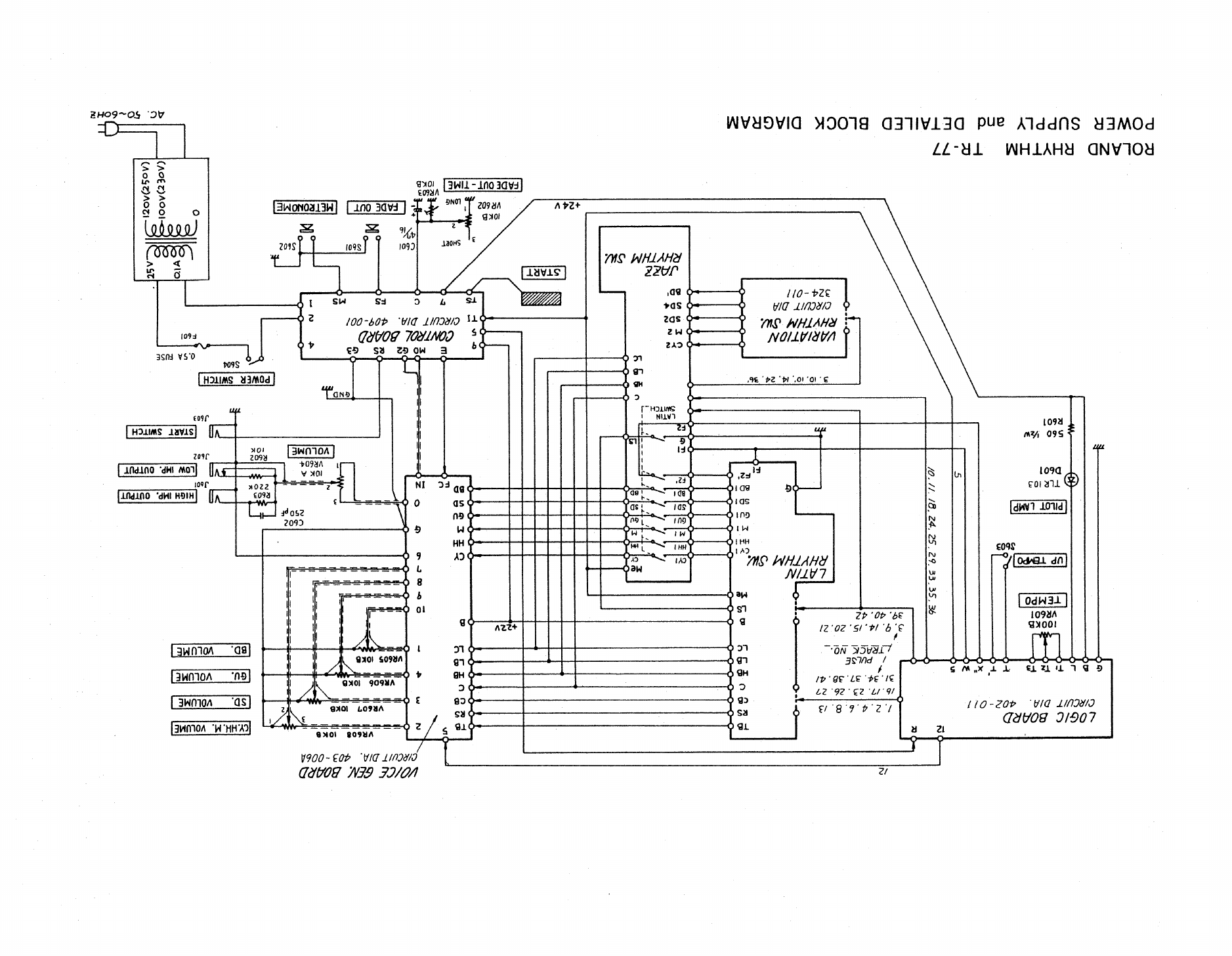 TR-77 service-notes system block diagram from oscillator and selector to voice generators and preamplifier