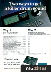 Alesis advert with the SR-16 above two columns of copy and the headline Two ways to get a killer drum sound.