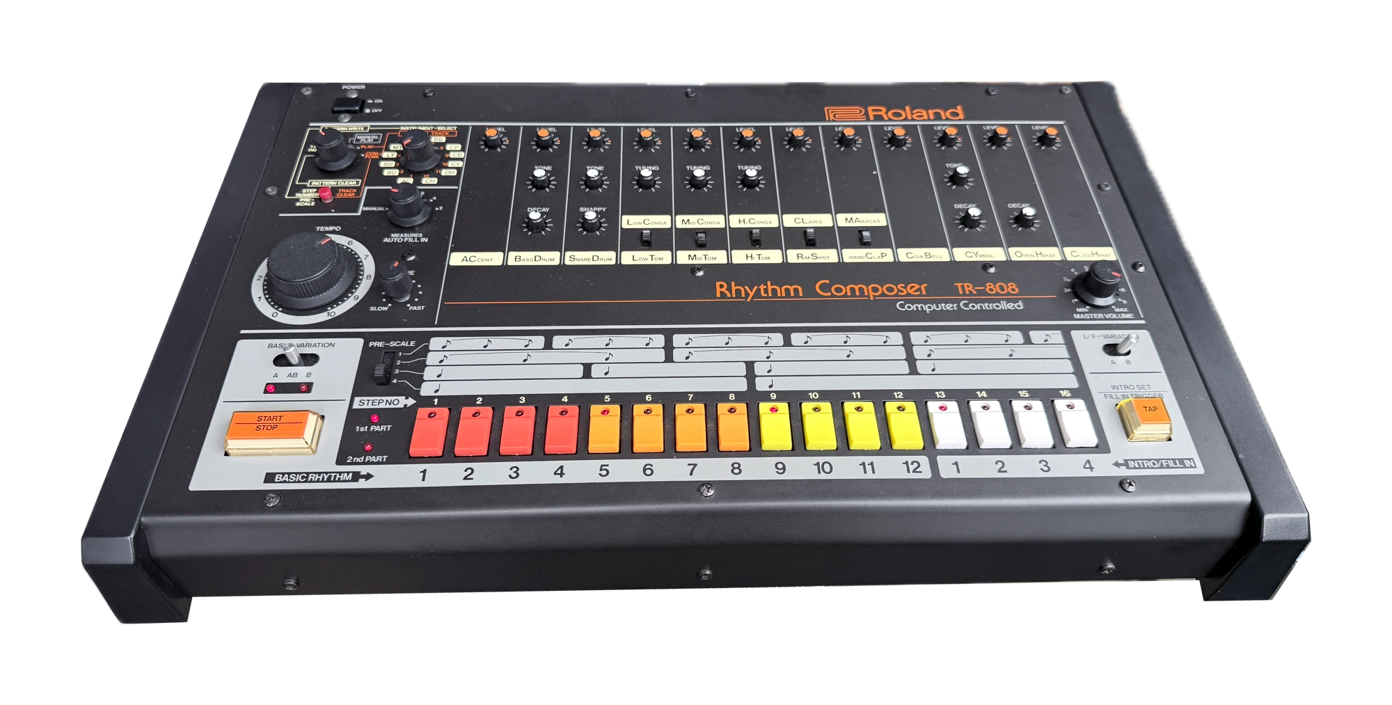 Complete Roland TR-808 with voice controls, tempo knob and sixteen coloured step keys