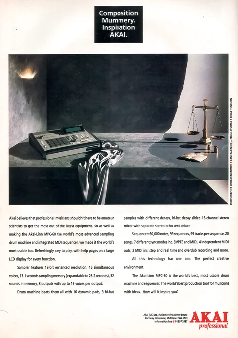 MPC60 posed on a stone table beside draped fabric and a balance scale, above two columns of advertising copy.