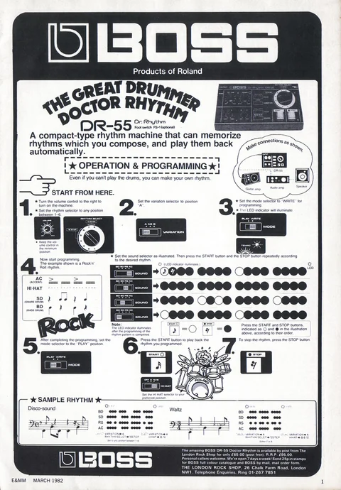 Black-and-white BOSS advert combining DR-55 control diagrams, rhythm examples and numbered instructions.