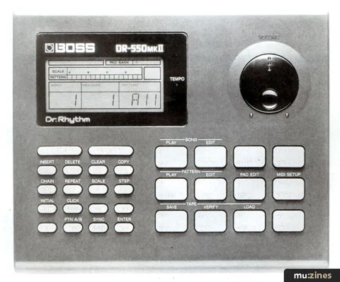 Monochrome close view of the DR-550 MkII display, rotary dial and performance pads; original archive watermark retained.