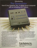 Drumulator surrounded by radiating drumsticks, with an introductory headline and feature text.