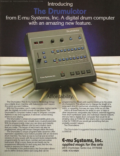 Drumulator surrounded by radiating drumsticks, with an introductory headline and feature text.
