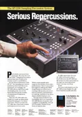 A hand plays the SP-1200 pads beneath the Serious Repercussions headline; a front-view inset accompanies the sales text.